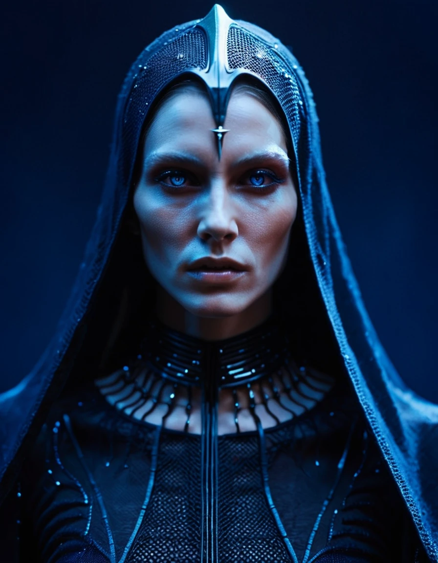 Fashionable of androgynous alien looking witch wearing veil, glowing eyes, beautiful evil slavic muscular woman, pale skin, futuristic design, minimal details, givenchy, photoreal, 200mm, hd, f/ 2.0, highly detailed, surreal , drop dead, in the style of red and blue, (intricate details, hyperdetailed:1.15) (skin texture:1.2), cinematic, professional, 4k, (((dynamic model pose))), sitting, (full body)