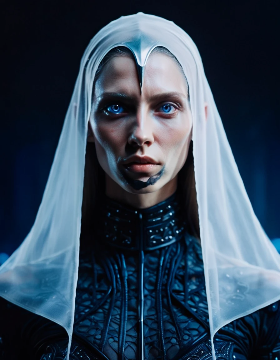 Fashionable of androgynous alien looking witch wearing veil, glowing eyes, beautiful evil slavic muscular woman, pale skin, futuristic design, minimal details, givenchy, photoreal, 200mm, hd, f/ 2.0, highly detailed, surreal , drop dead, in the style of red and blue, (intricate details, hyperdetailed:1.15) (skin texture:1.2), cinematic, professional, 4k, (((dynamic model pose))), sitting, (full body)