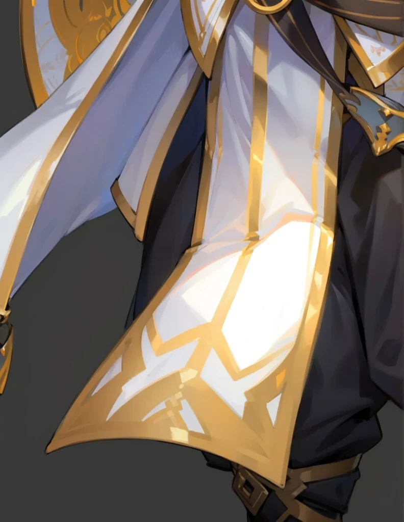 boy、Long white hair、Full details，White clothes，Metal decoration，Gold luster，belt