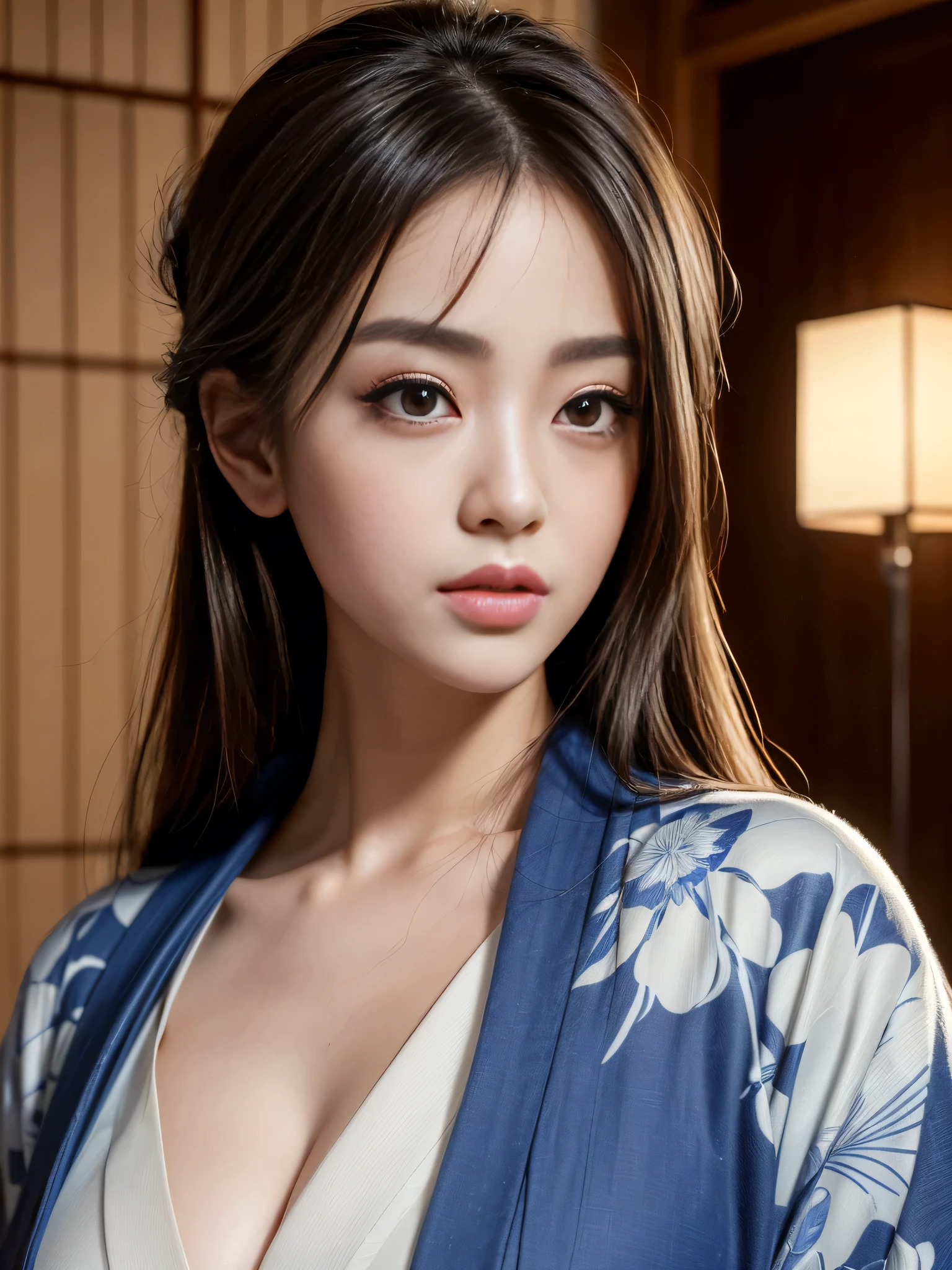(Highest quality, masterpiece, Ultra-high resolution, (Realistic:1.4), RAW Photos, Depth of written boundary, Professional Lighting, Perfect Anatomy, Very detailed), One is the most famous Japanese actress., ((Wearing a very beautifully designed Japanese kimono)), (Very beautiful face, ((Very beautiful and very big eyes)), Very beautiful Japanese hairstyle, Very beautiful skin), Very beautiful long eyelashes, Very beautiful lips
