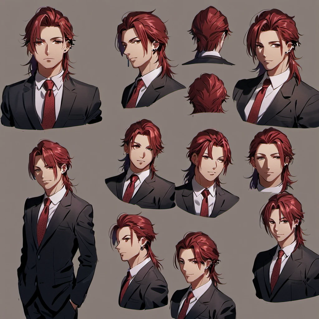 Character design sheet young man, red hair in mullet, dress shirt and red tie, ear piercings, dark brown eyes.