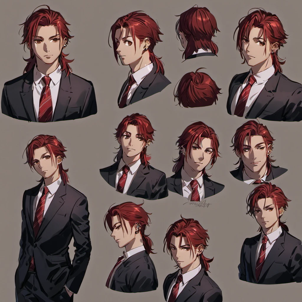 Character design sheet young man, red hair in mullet, dress shirt and red tie, ear piercings, dark brown eyes.