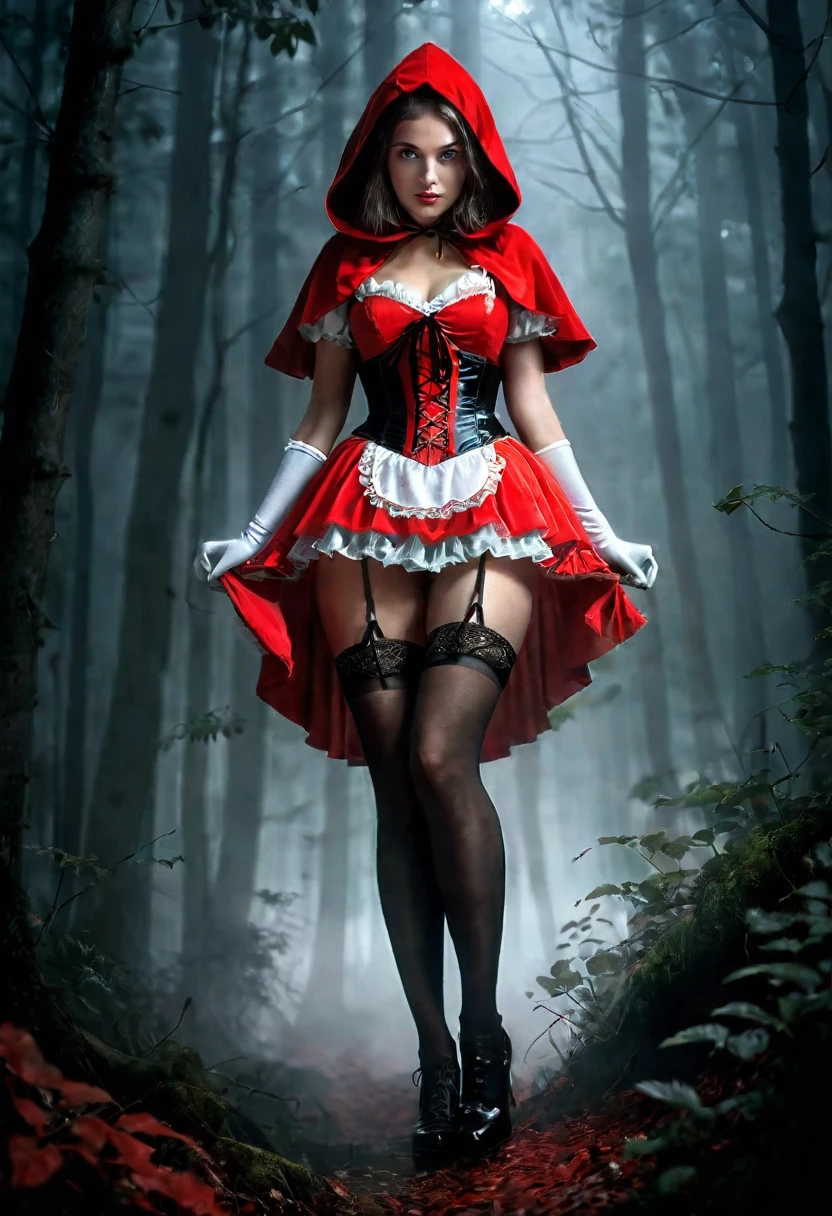 masterpiece, best quality, expressive eyes, perfect face, large breast, big breast, small waist, perfect figure, highly detailed, showing cleavage, brown eyes, bangs, full body portrait, dressed as little red riding hood, red hood, black corset dress, pleated red short skirt, black stockings, large nipples, wearing garters, fishnet stockings, white panty, white thong, standing in the woods, moonlight, holding a basket, middle of the a dirt road, at night