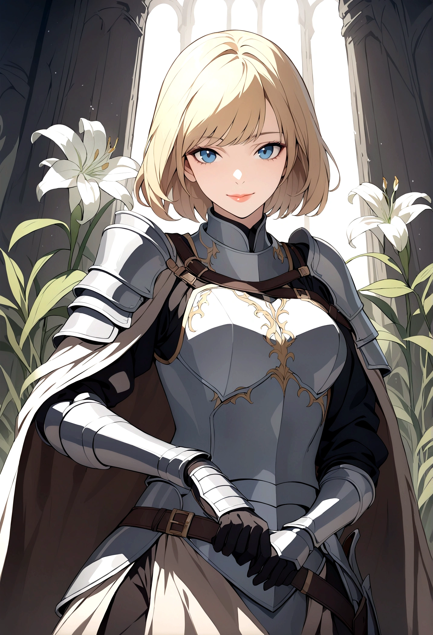 slender, mature female, solo, blonde_hair, closed_mouth, holding, 1girl, blue_eyes, armor, shoulder_armor, gauntlets, gloves, knight, cape, belt, pauldrons, armored_dress, bangs, lips, short_hair, long_sleeves, dress, white_lily, looking_at_viewer,smile, light_smile,nblack_gloves, leotard, vambraces, buttons,  fine_art_parody