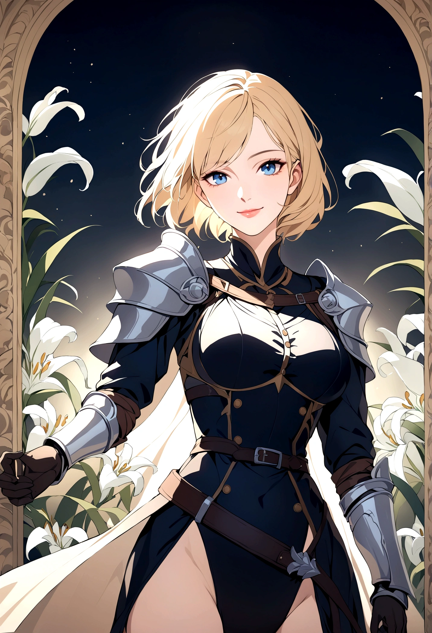 slender, mature female, solo, blonde_hair, closed_mouth, holding, 1girl, blue_eyes, armor, shoulder_armor, gauntlets, gloves, knight, cape, belt, pauldrons, armored_dress, bangs, lips, short_hair, long_sleeves, dress, white_lily, looking_at_viewer,smile, light_smile,nblack_gloves, leotard, vambraces, buttons, fine_art_parody