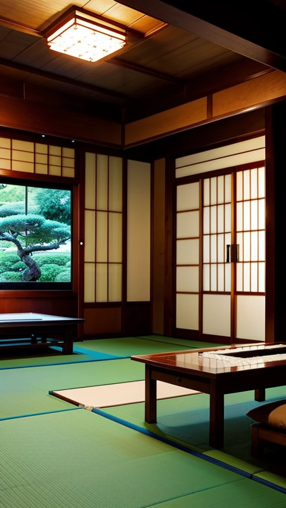 Empty traditional Japanese style room with tatami mat floor in moonlight and starlights from large wood shoji opened in front. and outs are bonsai .realstyle