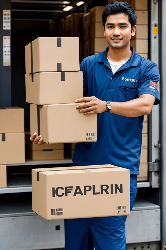 A courier boy holding the box the name of B & G International courier at japan