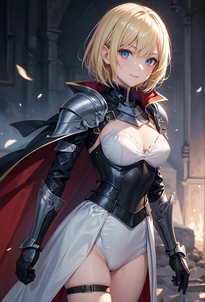 slender, mature female, solo, blonde_hair, closed_mouth, holding, 1girl, blue_eyes, armor, shoulder_armor, gauntlets, gloves, knight, cape, belt, pauldrons, armored_dress, bangs, lips, short_hair, long_sleeves, dress, white_lily, looking_at_viewer,smile, light_smile,nblack_gloves, leotard, vambraces, buttons, fine_art_parody