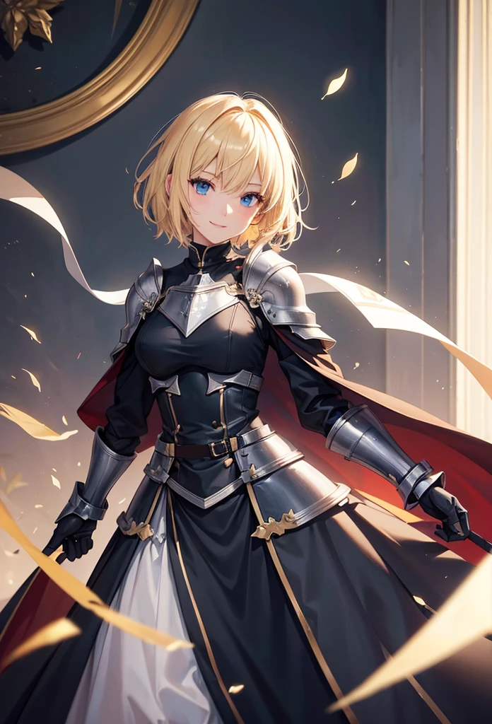 slender, mature female, solo, blonde_hair, closed_mouth, holding, 1girl, blue_eyes, armor, shoulder_armor, gauntlets, gloves, knight, cape, belt, pauldrons, armored_dress, bangs, lips, short_hair, long_sleeves, dress, white_lily, looking_at_viewer,smile, light_smile,nblack_gloves, leotard, vambraces, buttons,  fine_art_parody