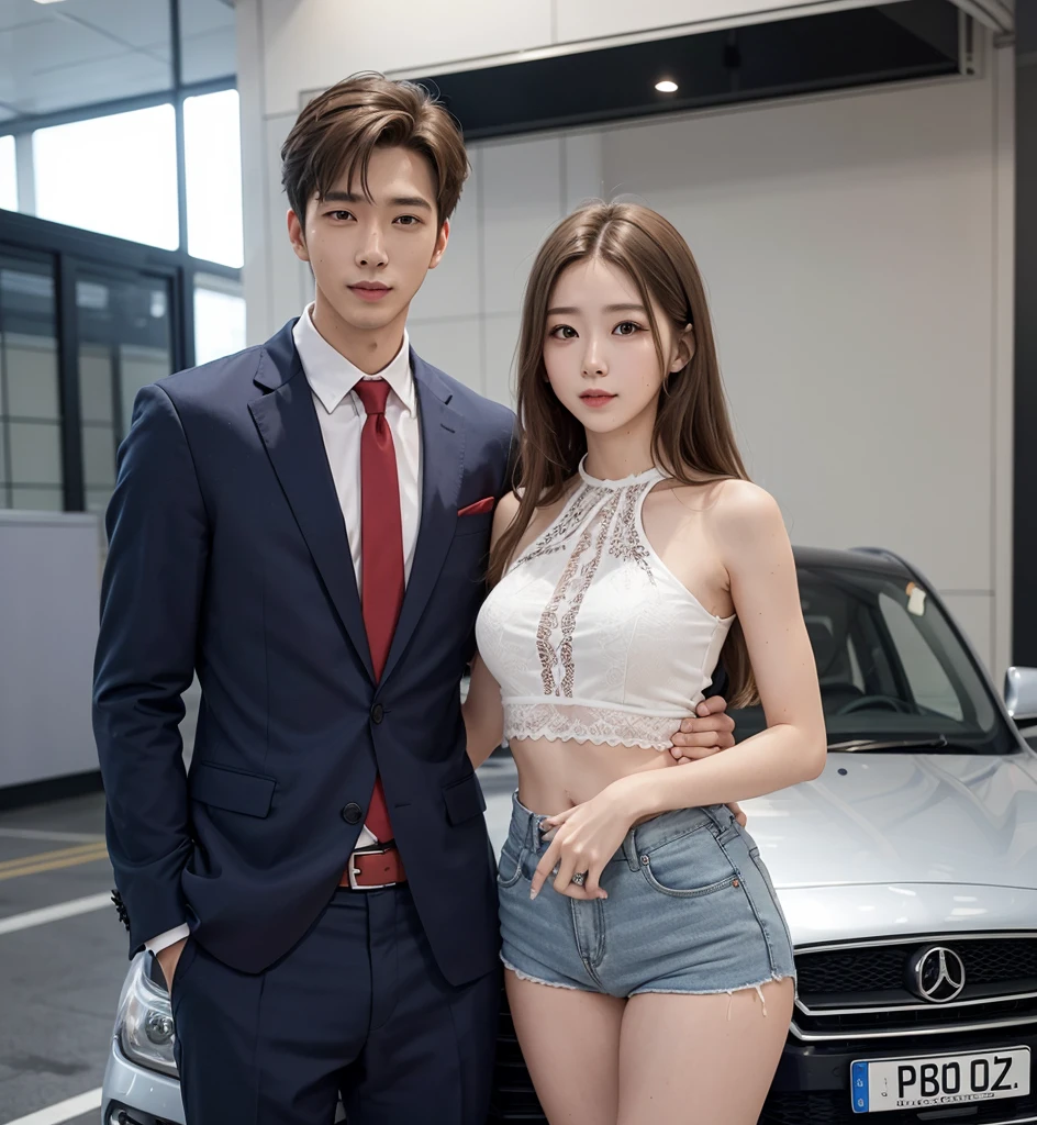 Two people, a man and a woman, couple, beautiful woman, Wear a top, shorts, handsome man, suit, car,