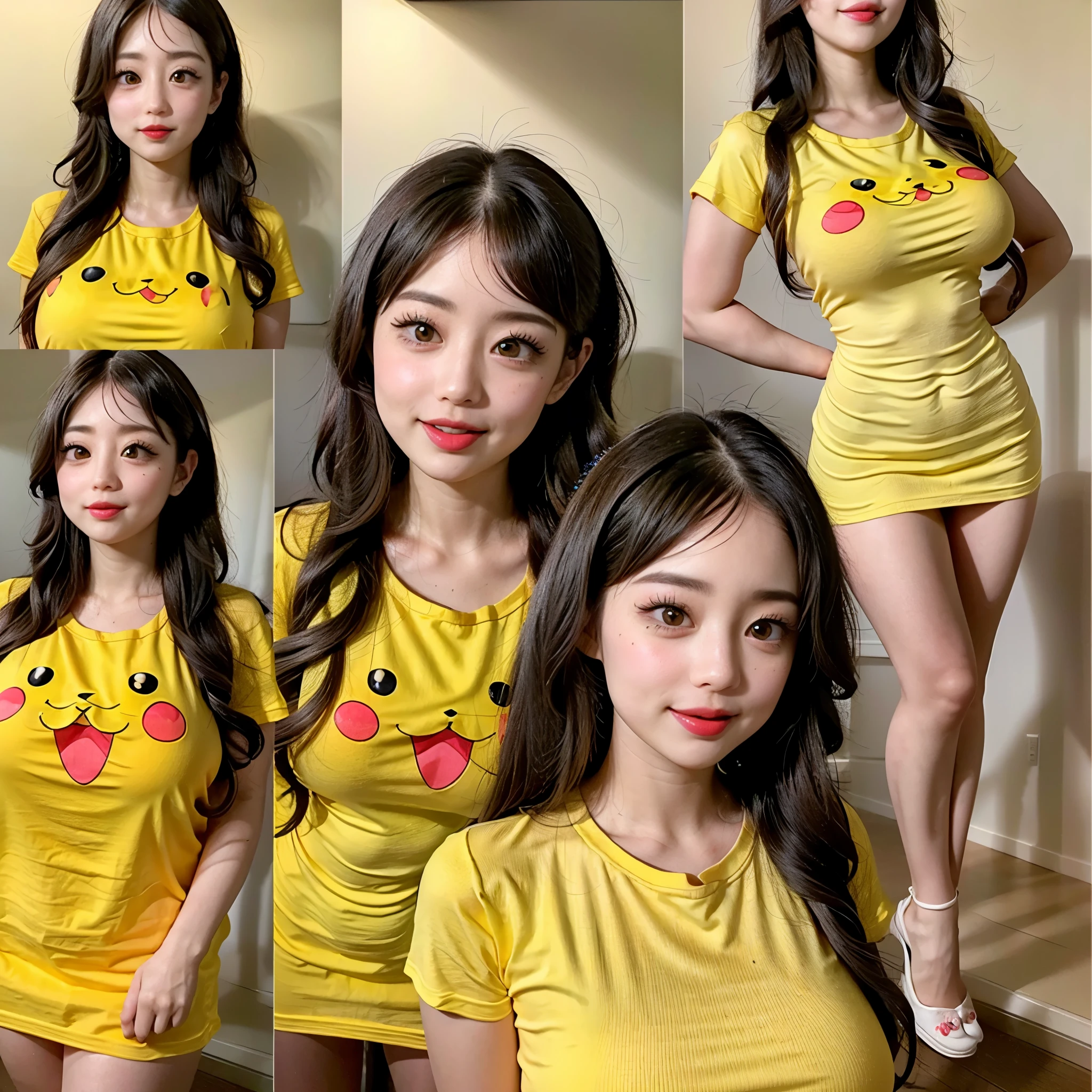 White and Bright Red, (Masterpiece 8K TopQuality:1.2) (ProfessionalPhoto:1.37) ExtremelyDetailed (((KAWAII girl with HUGE boobs:1.4)) yellow oversized t-shirt (pika/(t-shirt/)) ((Detailed delicate clothes)) BREAK. (((NOGIZAKA FaceVariations))), Extremely Detailed very KAWAII FaceVariations, Childish CaptivatingGaze Stunning ParfectEyes ElaboratePupils with (SparklingHighlights:1.28), DoubleEyelids with (Detailed Voluminous LongEyelashes:0.88), Small GlossyRedLips with BeautifulDetails, CoquettishTongue, PUNIPUNI RosyCheeks, Radiant PearlSkin with Transparency, Glowing DowneyHair . { (Dynamic Joyful expressions LifeLike Rendering:1.4) | (:d) }, (large eyes:-1) .