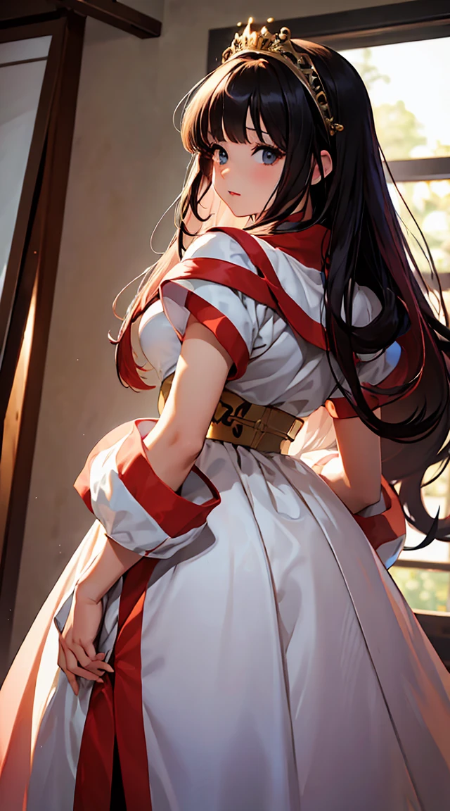 1girl in,women's pictures, Attach a large red ribbon to the back of the head,with a big eagle、a beautiful painting、High quality,Best Quality, in 8K、kimono, Wear pants,In the wilderness,Colored leaves,fairy tale ((80's dark fantasy theme)), 3mpr3ss, corset, (Night dress), Beautiful adult woman, 20-year-old,,bangs, front, Peach-colored hairs, 最high quality, high quality, High detail, Are standing, Wide shoulder pads, Money trimmed cloak,gem, Money (whole body), Hourglass Shape, (collar), (tall big tiara), Peplum, Penniers, interior, large hall, Bokeh, (Rim Light) Dark bu5tl3, White long dress, . Magic, Fantastic, Fascinating, Picture book style, Very detailed,((The hairstyle is Vertical roll )) long hair to the waist、Super curly pink hair ,bangsはblunt bangs,,Hair grows vertically downwards