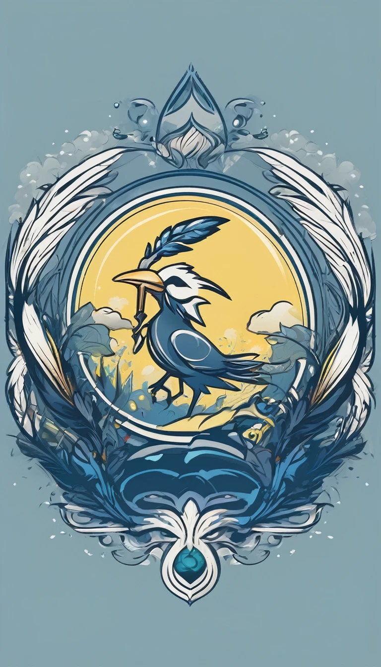 Create a minimalistic, simple, fantastic, easy to understand, logo design of a boy and a feather for an upcoming Fantasy Role Playing Game called " Penamemoria". The game is about a world full of bird and feathers. A boy enters that world and discovers his true artistic identity. Create a logo design that transmits the essence of this videogame. It´s a fantasy game, with fantasy elements. Create the logo in the center and a fantasy theme as background. Use the colours blue, white, yellow in the logo. The logo design must convey a sense of fantasy, dreams and music. Must convey a feeling of being a true Dreamer