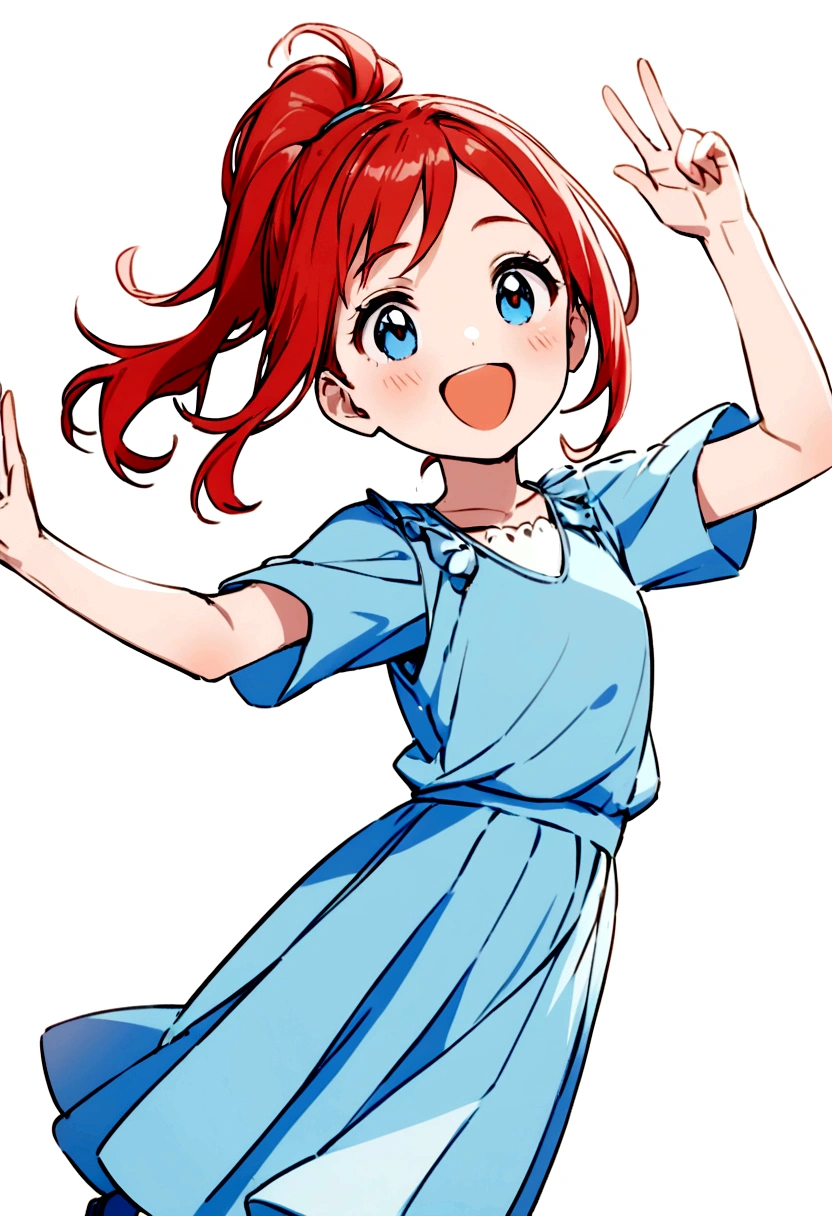 cute cool young girl with red ponytail hair, blue eyes, blue top shirt, blue skirt and blue boots, happy, no background
