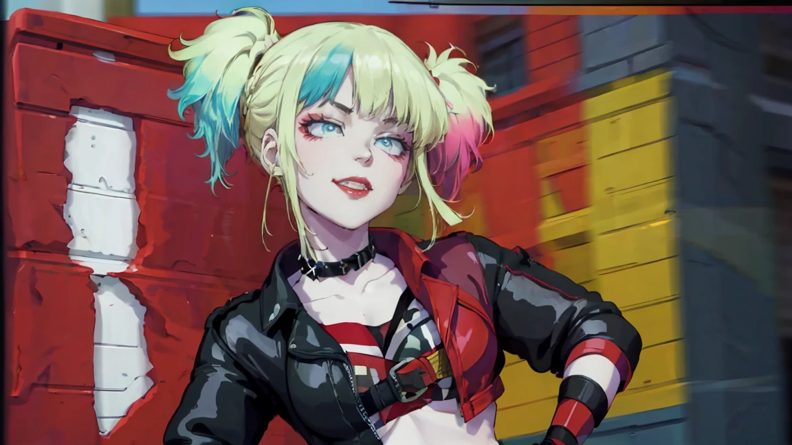 masterpiece, Best quality, A high resolution, 1 girl, hair braided in two short ponytails, very detailed eyes, Fine detail, Correct anatomy 1.1., Harley Quinn from Suicide Squad, open jacket with short sleeves shorts studded belt mesh belt chain gloves bracelet hand on hip, smile, woman, adult girl, real photos、smile, tmasterpiece, (pink kimono), seductive face, Ideal girl, perfect details, Ultra HD |, 8 k, professional photo, anime style,