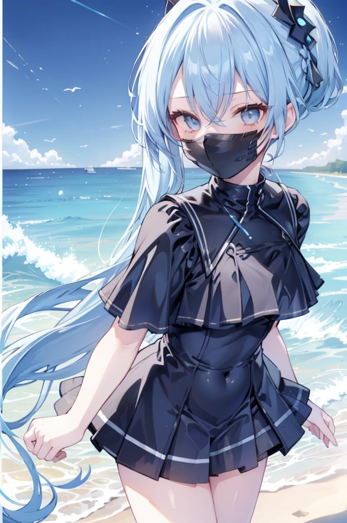 upper body, 1girl, wallpaper, light particles, beach, background, look at viewer, light blue hair, long hair, ponytail, white eyes, serikaswim, (black mask), happy