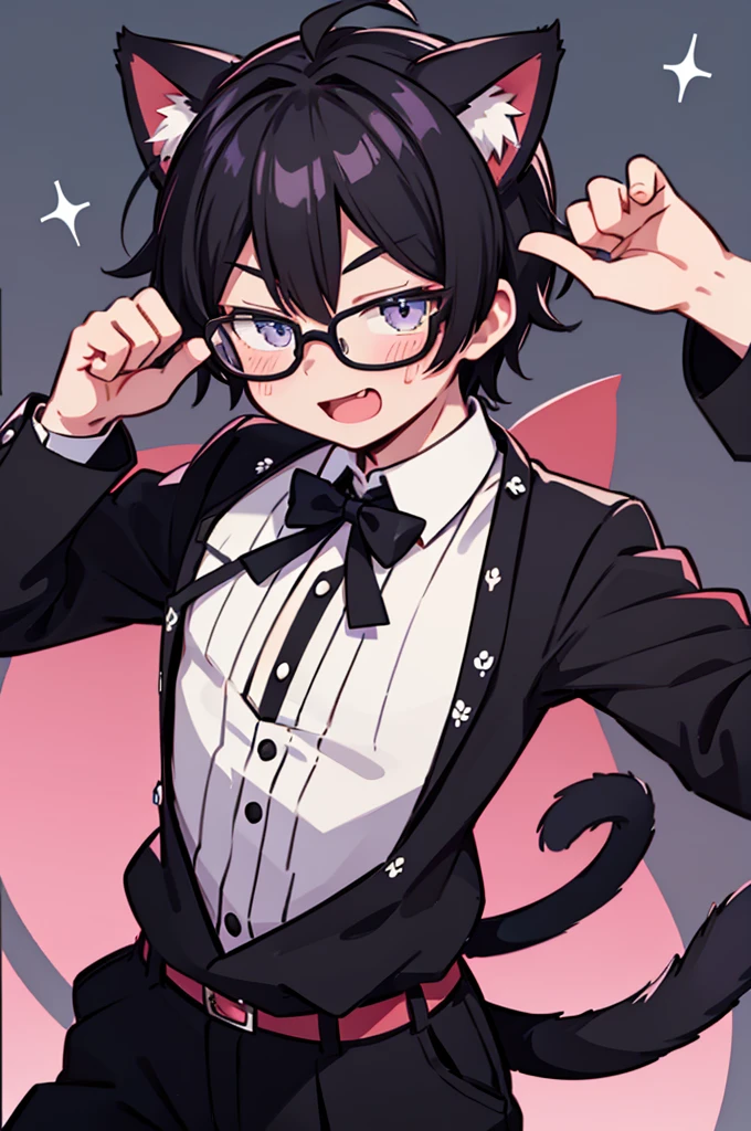 1 boy, male, smug face, cat ears, cat tail, Ren Amamiya, glasses, confident, dynamic pose, (masterpiece), best quality, expressive eyes, perfect face, smile, open mouth, Full Color, Detail, 8K, 4K, High Resolution, Symmetrical, Extraordinary, Best Aesthetics, black clothes