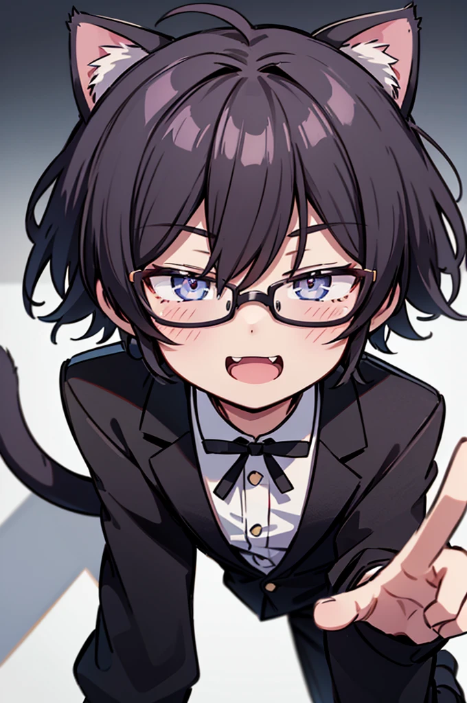 1 boy, male, smug face, cat ears, cat tail, Ren Amamiya, glasses, confident, dynamic pose, (masterpiece), best quality, expressive eyes, perfect face, smile, open mouth, Full Color, Detail, 8K, 4K, High Resolution, Symmetrical, Extraordinary, Best Aesthetics, black clothes