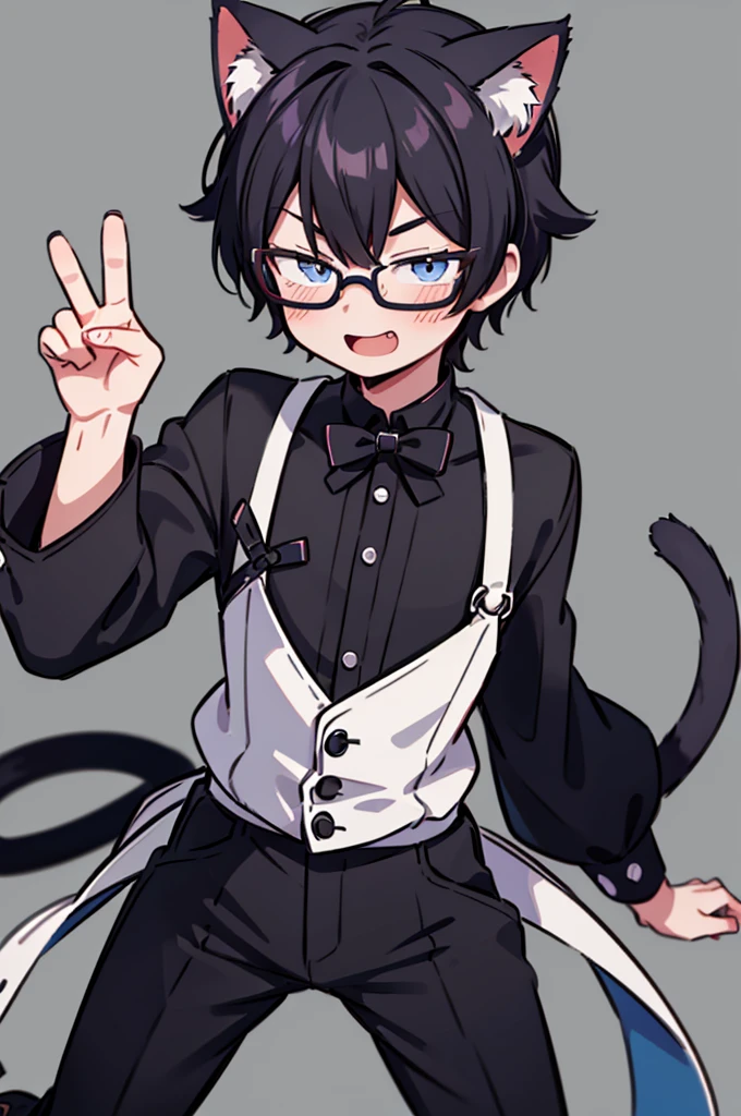 1 boy, male, smug face, cat ears, cat tail, Ren Amamiya, glasses, confident, dynamic pose, (masterpiece), best quality, expressive eyes, perfect face, smile, open mouth, Full Color, Detail, 8K, 4K, High Resolution, Symmetrical, Extraordinary, Best Aesthetics, black clothes