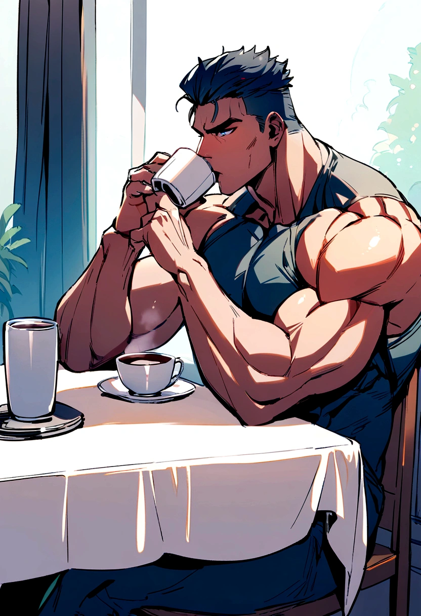 Muscular man sitting and drinking coffee, In front is a table., Really skin