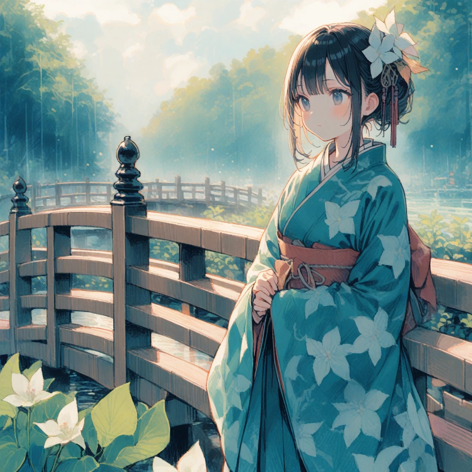 1girl、Hosta、「Sedation」、Standing quietly on the railing of a vermilion-painted wooden bridge、Heian period、hosta spp.、tegaki