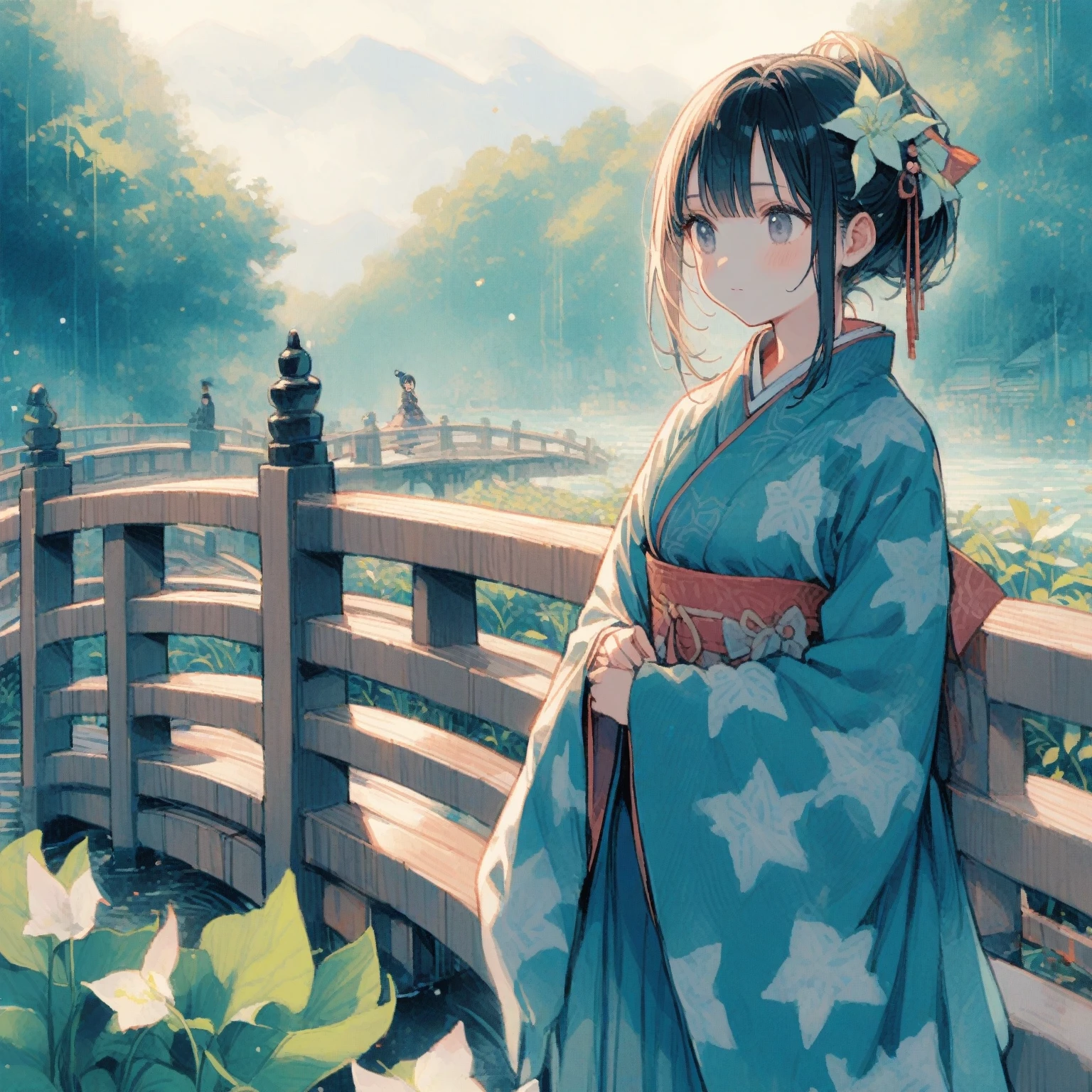 1girl、Hosta、「Sedation」、Standing quietly on the railing of a vermilion-painted wooden bridge、Heian period、hosta spp.、tegaki