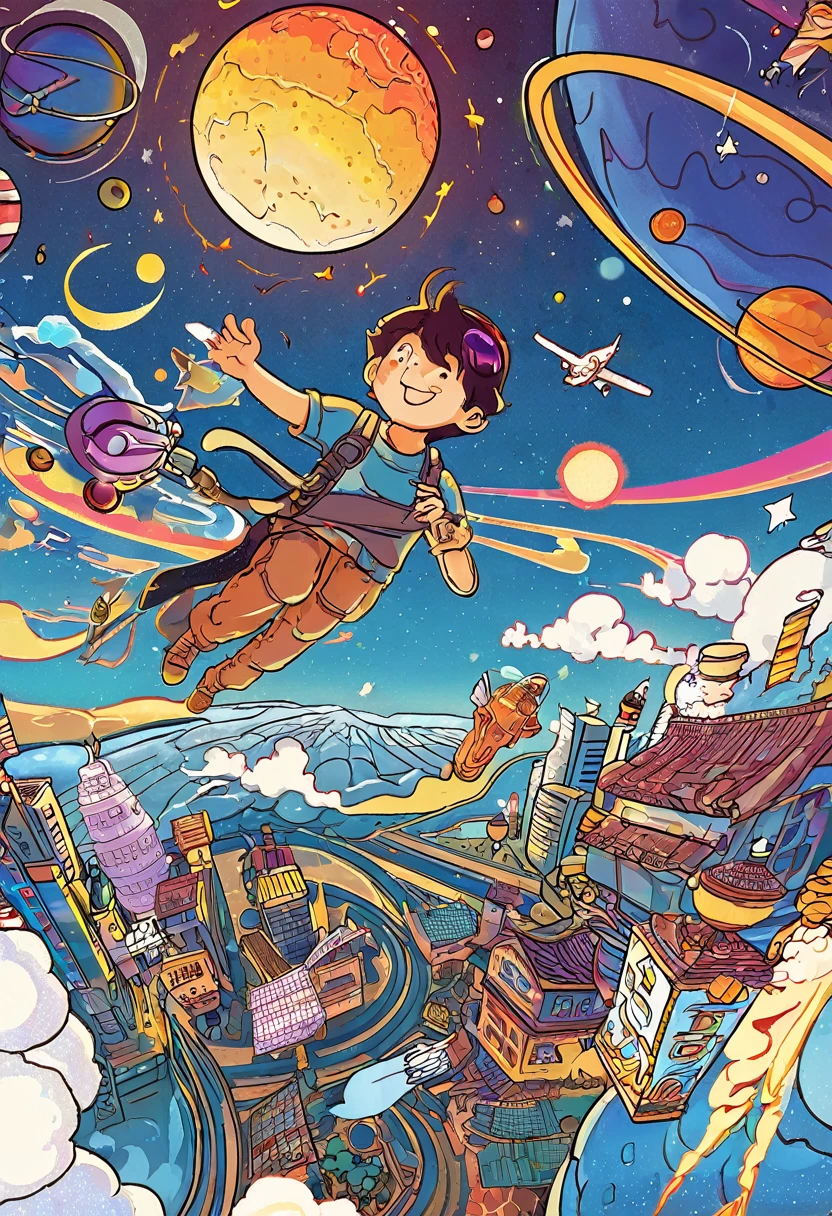 A man flies through the sky，Surrounded by a planet，A variety of goods surround it. illustration。