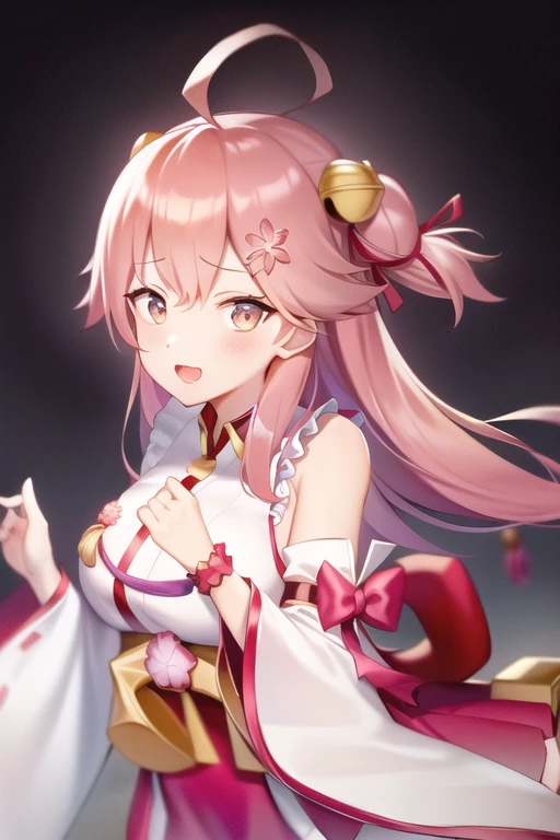 One girl, alone, Long Hair, King Kongu (Kantai Collection),Sakura Miko, Pink Hair, Double Bang, Purple eyes, Hair Bun, Ahoge, Open your mouth, Non-traditional Shrine Maiden, Removable sleeves, Brown eyes, White Background, headgear, Hair Bunド, smile, Sleeves edged with ribbon, Simple Background, kimono, Ribbon trim, View your viewers, username, Upper Body, Wide sleeves, :d, King Kong