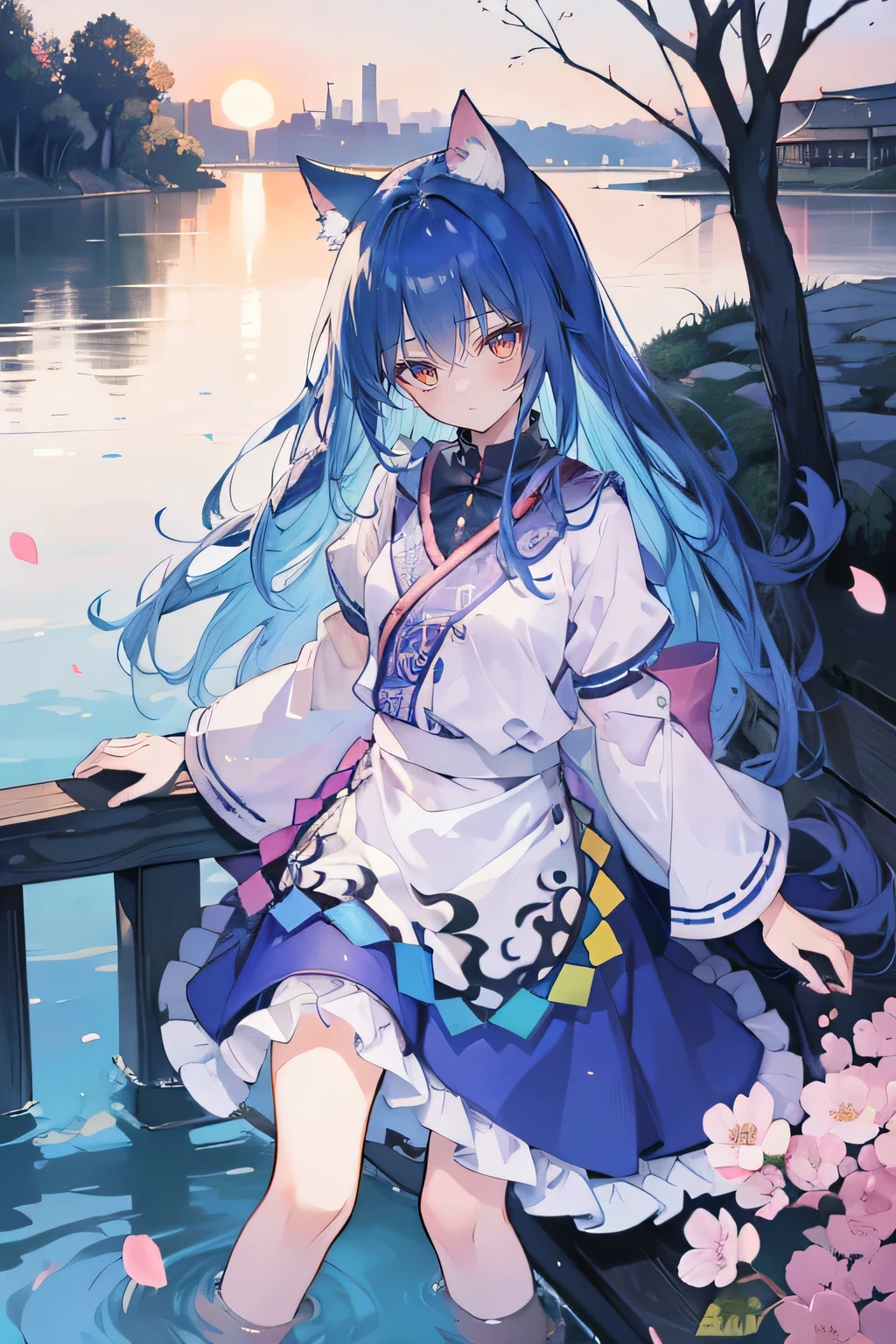 (masterpiece:1.2),Super detailed,lifelike,Expressive eyes,fair skin,perfect face shape,1 girl,
Japanese comics,Gorgeous blue hair,flowing blue hair,flowing clothes,Cat ears,Petals fall,beautiful lola,Baby Angel,
Shaking head with one hand,Cross your legs,,The pavilion is cool and comfortable,smile,back views,sunrise,Petals fall, winter,lie on the water,tokyo back views.
