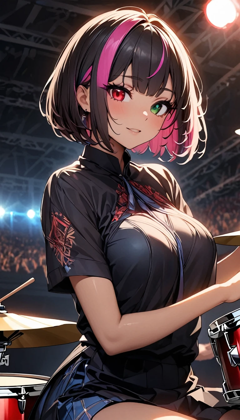 (highest quality:1.2, Very detailed, up to date, Vibrant, Ultra-high resolution, High Contrast, masterpiece:1.2, highest quality, Best aesthetics), girl、slim, , heterrochromia, green eye, red eye, Passionate performance、stage、performance、Rock Music、Bright colors、Beautiful fine details、Beautiful lip detail、extra short hair, ((bob cut:1.5))、pink and purple ((streaked hair:1.9)), (highlights hair: 1.6), middium breast, (tan skin:1), ((a girl sitting at a drum set and playing the drums. The drum set includes a bass drum, snare drum, toms, floor toms, hi-hat, crash cymbals, ride cymbals, and a china cymbal. The girl's expression should be happy and she should be playing drums with enthusiasm))、Concert Light、Edgy Style、colorful Cheongsam, (no sleeve:1)、Dynamic Movement、hypnotic sounds、Stadium、amplifier、Loud music、,Sparkling stage、Concert atmosphere、Music Festival、Full of emotion、Rock star attitude、Resolute expression、Avid Fan、The presence of an attractive stage、 Expressive gestures、Rock star aura、An exciting atmosphere、An unforgettable show, (Floral Fineline tattoo design on right arm:1),
