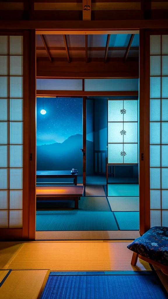 Empty traditional Japanese style room with tatami mat floor in moonlight and starlights from large wood shoji opened in front.