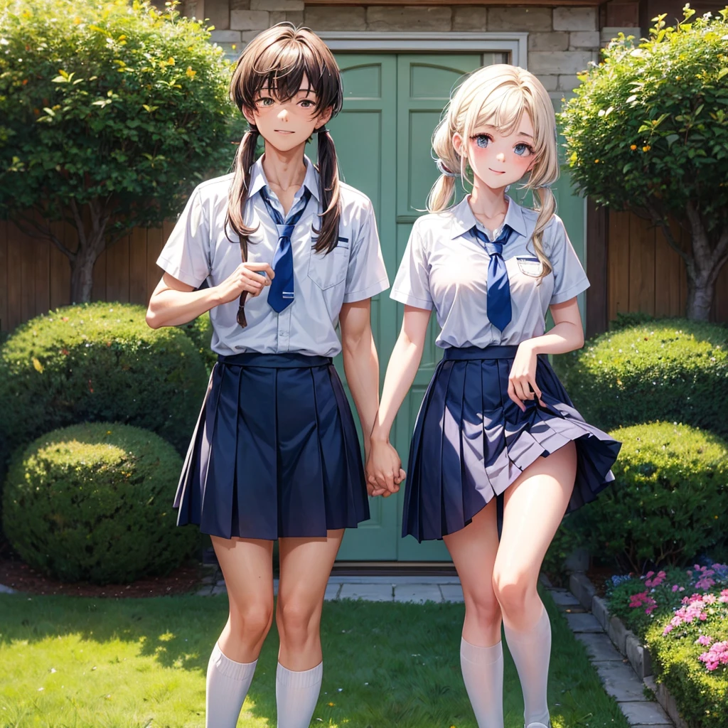 A charming twin sibling duo, a 20-year-old brother and sister, both dressed in their matching school uniforms. The brother, with a gentle smile, wears a crisp, short-sleeve shirt with a neatly tied tie that complements the navy blue of his attire. His khaki shorts are paired with white ankle-length socks and polished black shoes, reflecting the simplicity and comfort of the warm-weather ensemble. His hair is neatly combed, and his eyes sparkle with the youthful exuberance of someone ready to conquer the day. Standing alongside him is his twin sister, equally captivating in her matching navy blue skirt, which flutters slightly as if caught by an invisible summer breeze. Her short-sleeve blouse is buttoned just right, and the collar frames her delicate neck. The skirt falls gracefully to her knees, revealing a hint of the same white socks that her brother sports, unifying their look. The sister's hair is styled in two neat pigtails, which bounce playfully as she tilts her head towards her brother, sharing a mischievous grin. Both siblings are the epitome of academic charm, with their youthful glow and school badges proudly displayed on their blazers. The setting appears to be the picturesque courtyard of their school, with a backdrop of blooming flowers and vibrant greenery, suggesting a morning filled with promise and the sweet nostalgia of shared childhood memories. The sun casts a soft, warm light on their faces, highlighting the freckles on the sister's nose and the brother's tanned cheeks. Their uniforms are impeccably ironed, and the crispness of their clothes contrasts with the relaxed ease of their postures. They lean into each other slightly, their arms entwined, symbolizing the unbreakable bond that has grown stronger through their shared experiences. This heartwarming portrait of sibling love and unity is a testament to the enduring beauty of shared moments and the joy of growing up together, forever linked by their matching threads of youth and companionsh