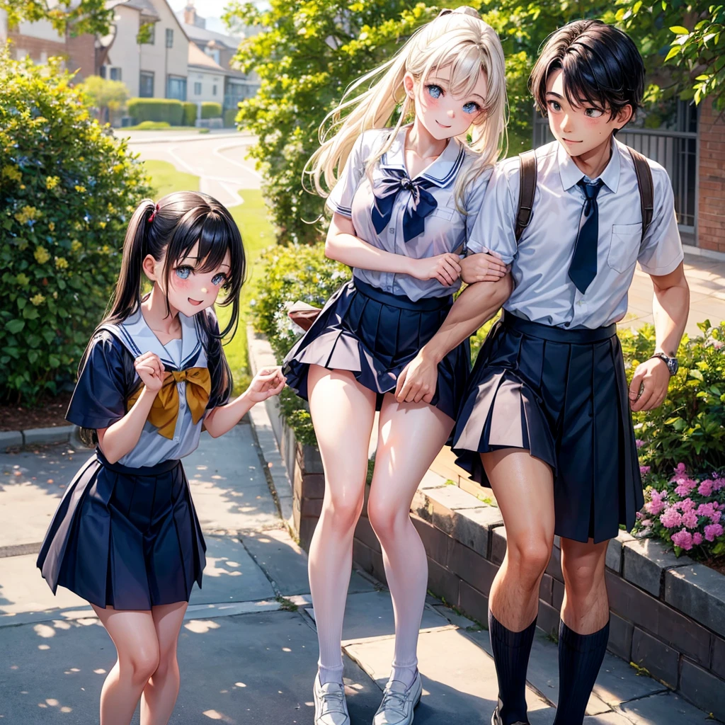 A charming twin sibling duo, a 20-year-old brother and sister, both dressed in their matching school uniforms. The brother, with a gentle smile, wears a crisp, short-sleeve shirt with a neatly tied tie that complements the navy blue of his attire. His khaki shorts are paired with white ankle-length socks and polished black shoes, reflecting the simplicity and comfort of the warm-weather ensemble. His hair is neatly combed, and his eyes sparkle with the youthful exuberance of someone ready to conquer the day. Standing alongside him is his twin sister, equally captivating in her matching navy blue skirt, which flutters slightly as if caught by an invisible summer breeze. Her short-sleeve blouse is buttoned just right, and the collar frames her delicate neck. The skirt falls gracefully to her knees, revealing a hint of the same white socks that her brother sports, unifying their look. The sister's hair is styled in two neat pigtails, which bounce playfully as she tilts her head towards her brother, sharing a mischievous grin. Both siblings are the epitome of academic charm, with their youthful glow and school badges proudly displayed on their blazers. The setting appears to be the picturesque courtyard of their school, with a backdrop of blooming flowers and vibrant greenery, suggesting a morning filled with promise and the sweet nostalgia of shared childhood memories. The sun casts a soft, warm light on their faces, highlighting the freckles on the sister's nose and the brother's tanned cheeks. Their uniforms are impeccably ironed, and the crispness of their clothes contrasts with the relaxed ease of their postures. They lean into each other slightly, their arms entwined, symbolizing the unbreakable bond that has grown stronger through their shared experiences. This heartwarming portrait of sibling love and unity is a testament to the enduring beauty of shared moments and the joy of growing up together, forever linked by their matching threads of youth and companionsh