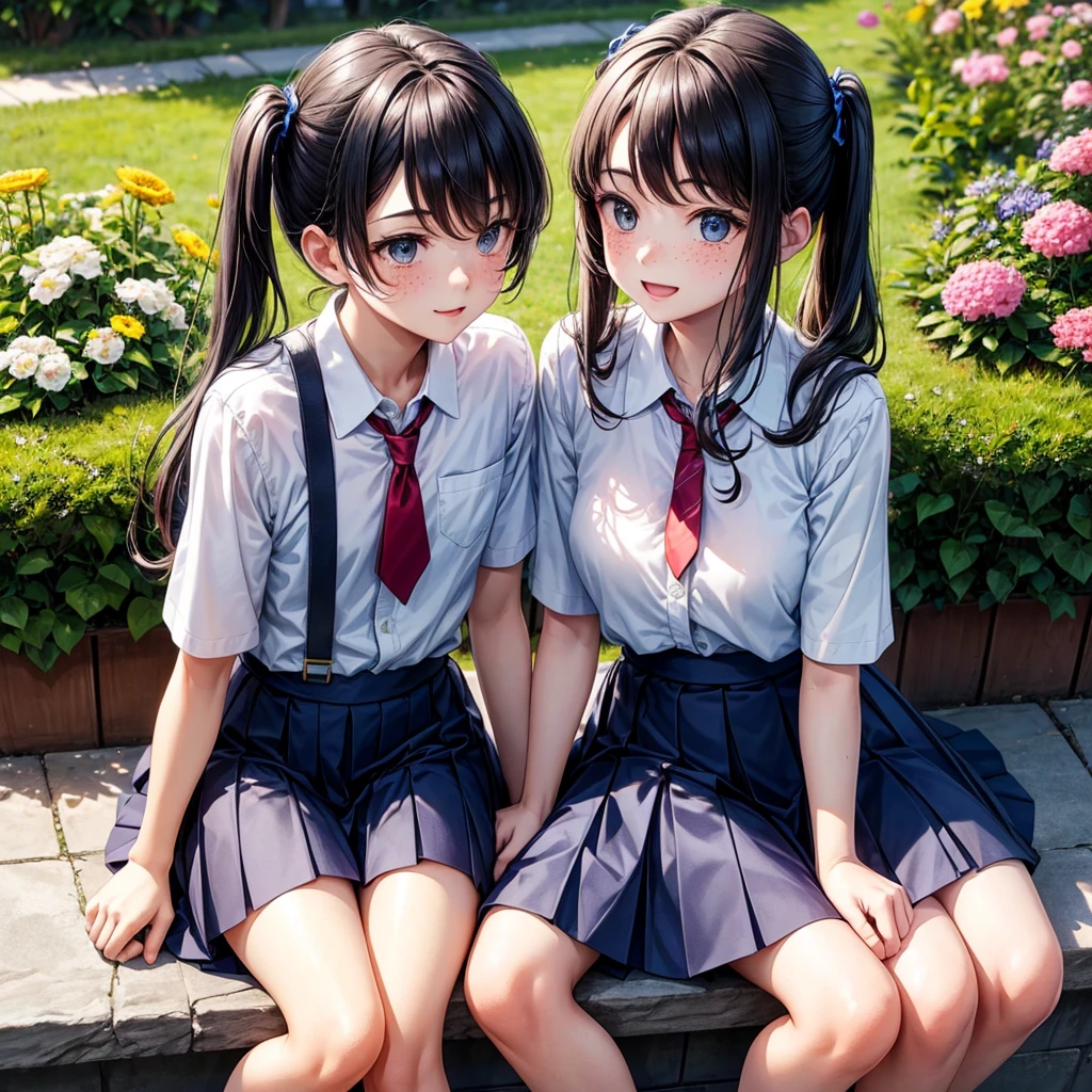 A charming twin sibling duo, a 20-year-old brother and sister, both dressed in their matching school uniforms. The brother, with a gentle smile, wears a crisp, short-sleeve shirt with a neatly tied tie that complements the navy blue of his attire. His khaki shorts are paired with white ankle-length socks and polished black shoes, reflecting the simplicity and comfort of the warm-weather ensemble. His hair is neatly combed, and his eyes sparkle with the youthful exuberance of someone ready to conquer the day. Standing alongside him is his twin sister, equally captivating in her matching navy blue skirt, which flutters slightly as if caught by an invisible summer breeze. Her short-sleeve blouse is buttoned just right, and the collar frames her delicate neck. The skirt falls gracefully to her knees, revealing a hint of the same white socks that her brother sports, unifying their look. The sister's hair is styled in two neat pigtails, which bounce playfully as she tilts her head towards her brother, sharing a mischievous grin. Both siblings are the epitome of academic charm, with their youthful glow and school badges proudly displayed on their blazers. The setting appears to be the picturesque courtyard of their school, with a backdrop of blooming flowers and vibrant greenery, suggesting a morning filled with promise and the sweet nostalgia of shared childhood memories. The sun casts a soft, warm light on their faces, highlighting the freckles on the sister's nose and the brother's tanned cheeks. Their uniforms are impeccably ironed, and the crispness of their clothes contrasts with the relaxed ease of their postures. They lean into each other slightly, their arms entwined, symbolizing the unbreakable bond that has grown stronger through their shared experiences. This heartwarming portrait of sibling love and unity is a testament to the enduring beauty of shared moments and the joy of growing up together, forever linked by their matching threads of youth and companionsh