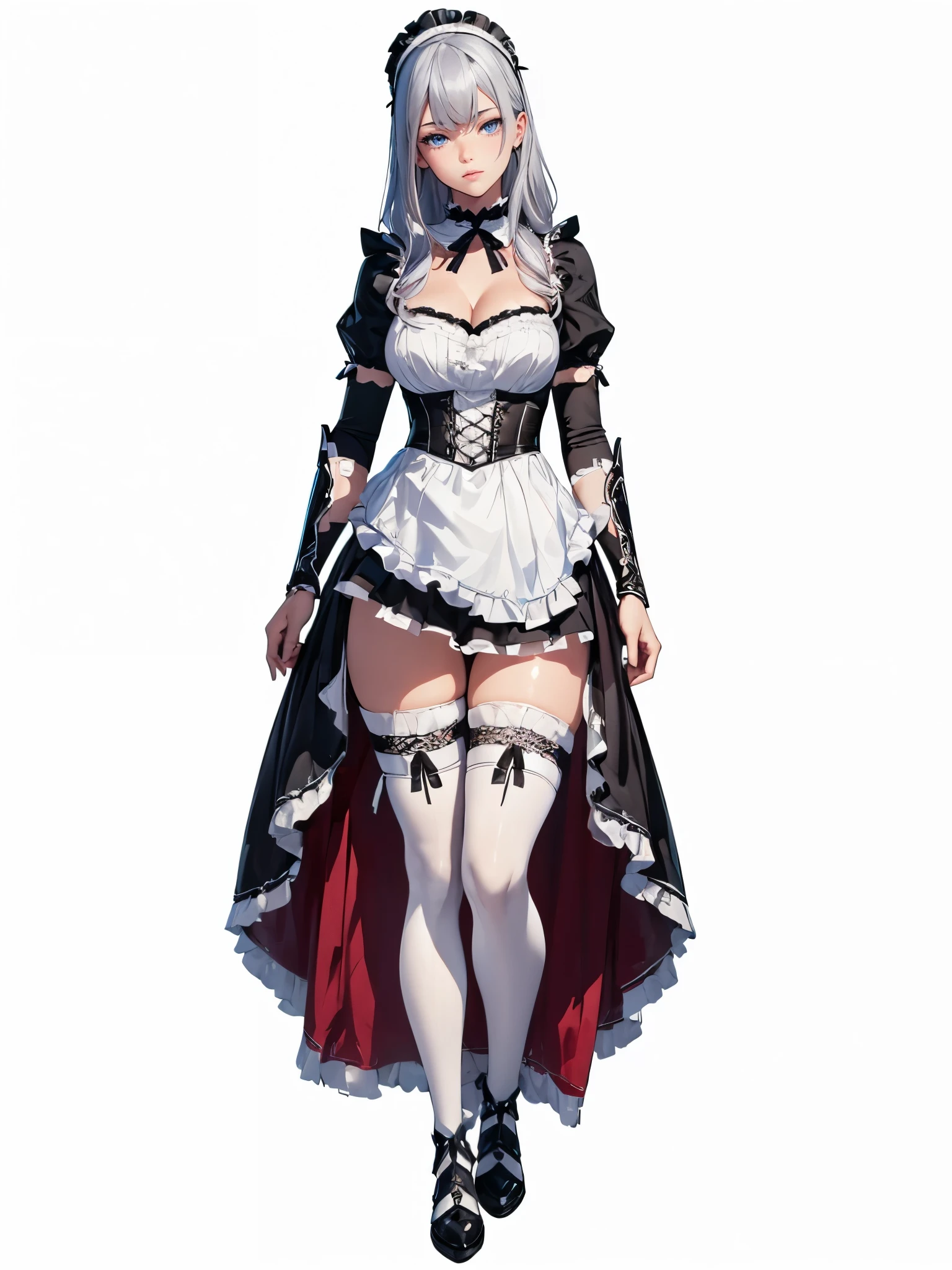 ((1girl, solo)), mature female, beautiful body, (perfect anatomy, perfect body, perfect hands, perfect legs), (five fingers:1.5), natural proportions, sexy body, large breasts, cowboy shot, (legs apart:1.3) ((full body, full body front)) BREAK
((extremely detailed face)), (beautiful detailed eyes:1.6), (realistic pupils, realistic iris:1), expressive eyes, looking at viewer, (clear eyes:1.3), (hyperrealistic:1.2), (detailed skin texture:1.2), smooth skin, blue eyes, (silver hair:1.5), long hair, (detailed lips:1.2), (attractive lips:1.1), (glossy lips:1.1), (little smlie), perfect face, perfect eyes BREAK
maid, ((maid outfit)), maid headdress, maid apron, frills, mini dress, cleavage, detached collar, bow, fantasy armor, black armor, (arm guard:1.3), armor gloves, juliet sleeves, zettai ryouiki, thighs, (black thighhighs:1.5), (greaves:1.5), black footwear, high heels BREAK
(masterpiece:1.5), anime-style, top quality, best quality, (beautiful and aesthetic:1.2), (ultra detail:1.5), Ultra-detailed depiction, Ultra-precise depiction, extremely detailed 8k illustration, high resolution, (highly detailed shading:1.2), (realistic lighting:1.4), perfect lighting, vibrant colors, dynamic tones, striking hues, 8k, absurd resolution, perfect shadows, hdr, UHD, ambient lighting, realistic, ultra-realistic, photo realistic, highly detailed, rich detail, luminous colors, fine texture, intricate design, professional illustration, (soft light:1.2), (illustration:0.7)