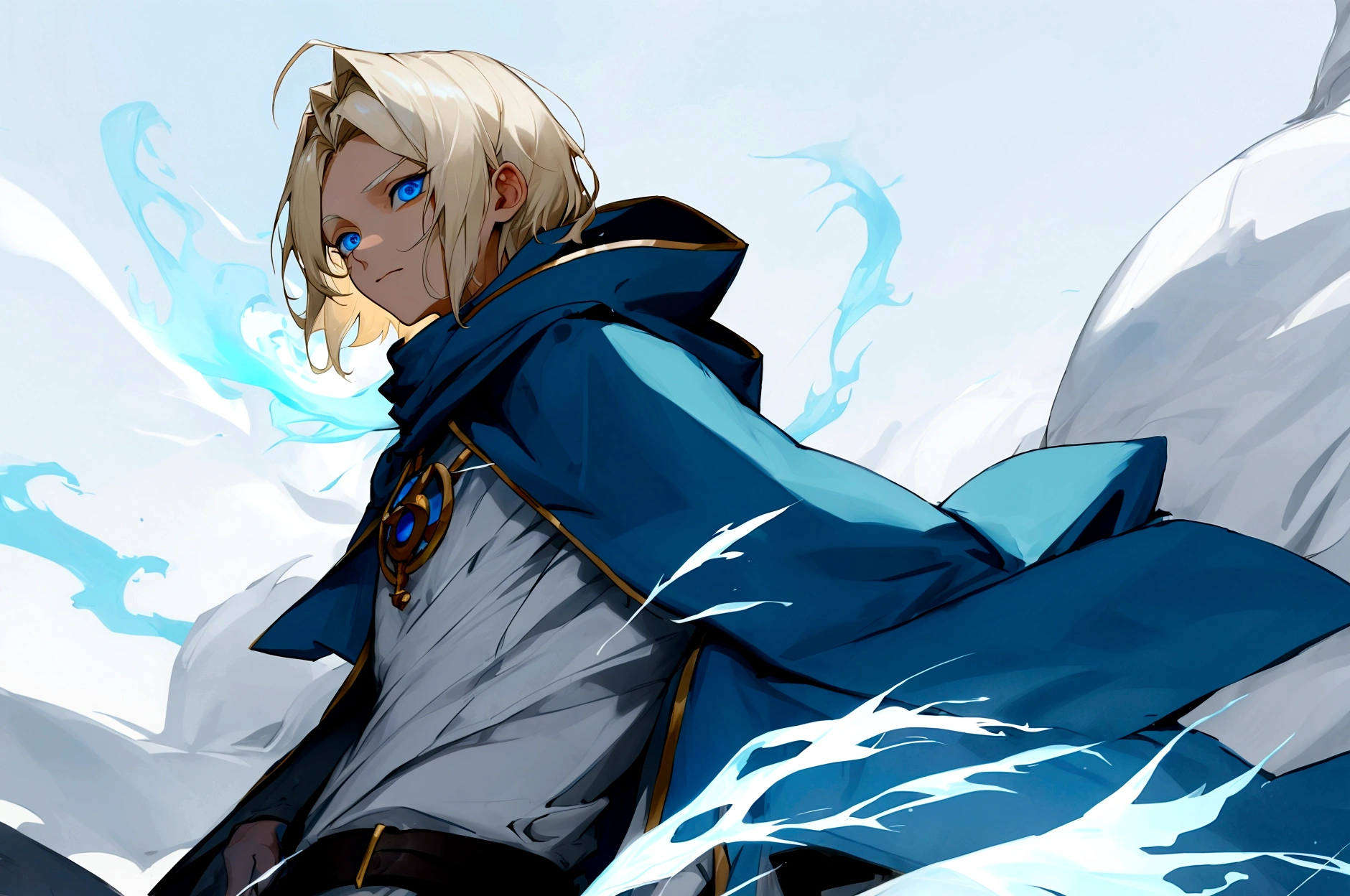 Sorcerer Divine Soul man, he has a light hair and blue eyes, he wear a hood.