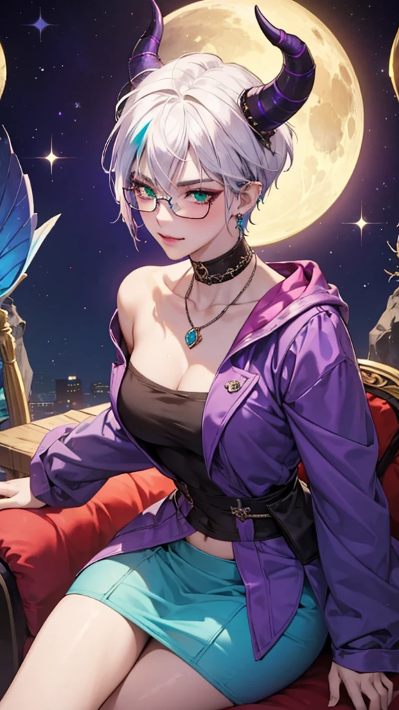 8k, masterpiece, best quality, highly detailed, 1 girl, tiefling, warlock, multicolored hair, very short straight hair green highlight hair on white hair, strippled hair, wearing glasses, round glasses, earrings, red eyeshadow, long eyelashes,navel piercing, blushed cheek, necklace, collarbone, mole, glamorous, purple and teal clothing, villainy, smirk, seductive face, close up view, rings, looking at viewer, demon horns, solo, royal dress, palace, blue pale moon, sitting on throne