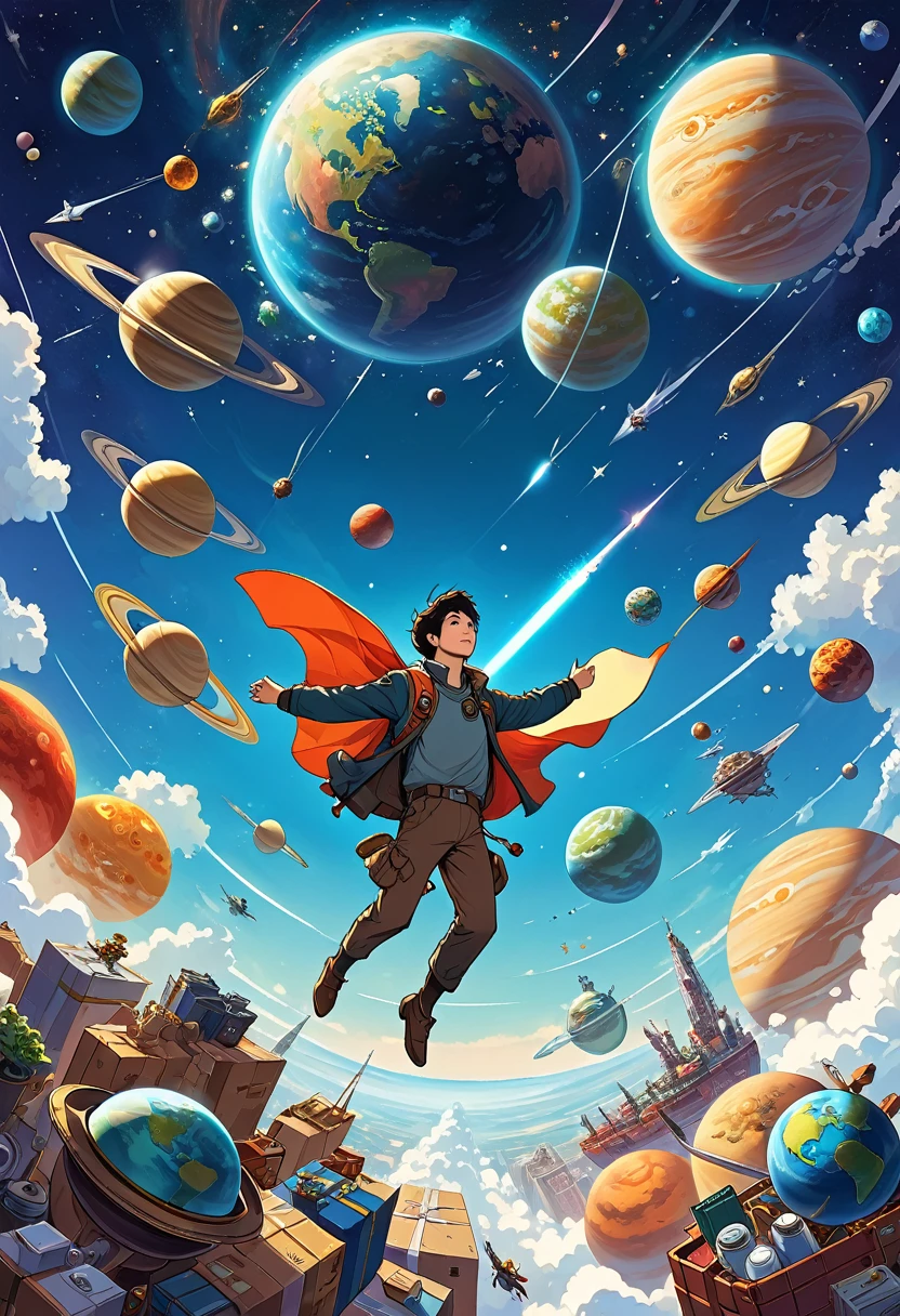 A man flies through the sky,Surrounded by a planet,A variety of goods surround it. illustration。