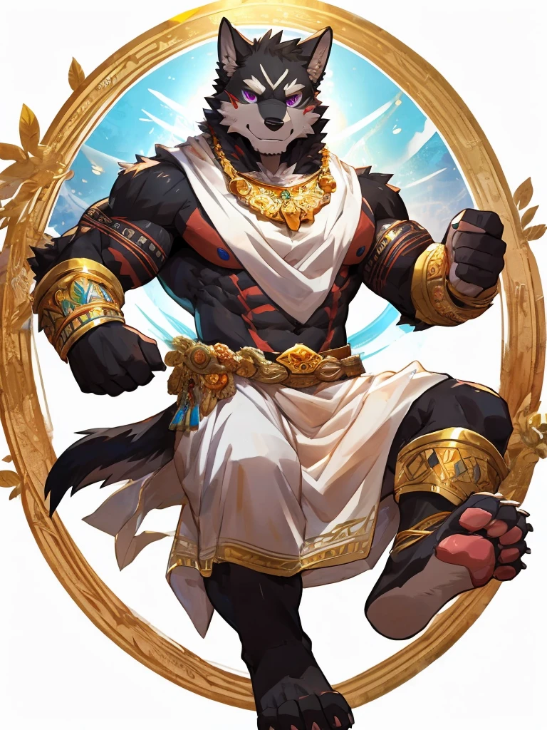 embedding:black wolf, male,purple eyes,Scar on the face, scar on the body,Single person,Toga,Costumes of ancient Greece,White clothes,Gold decoration,White halo overhead,Sacred tattoos,Laurel,A sacred gesture,Stubble,sacred，Expressions and movements full of divinity,A serious expression,The highest quality of scene detail,adult,Tall and powerful,muscle，Best quality hands, best quality eye，detailed fur，Delicate eyes.Extreme picture quality，by sollyz,by zixiong,by milkytiger1145