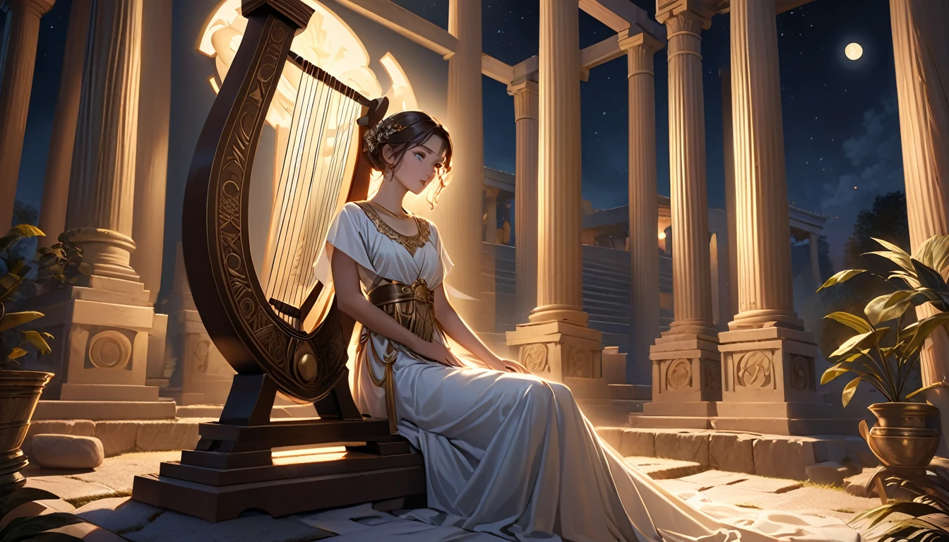 a young priestess, sitting, playing a large lyre, ancient Greek temple, late at night, inside the temple it is (dark:1.3) and there is (no lighting:1.2), the moonlight shines in at an angle, shining a faint light on her., highly detailed, photorealistic, realistic lighting, intricate architecture, ornate decorations, warm color palette, golden accents, soft fabric textures, mesmerizing expression, elegant pose, cinematic composition, natural lighting, realistic shadows, mystical atmosphere, hyperrealistic, award-winning art