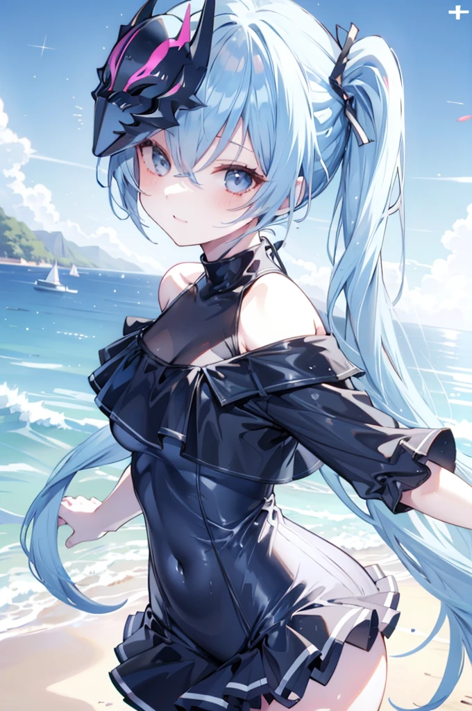 upper body, 1girl, wallpaper, light particles, beach, background, look at viewer, light blue hair, long hair, ponytail, white eyes, serikaswim, (black mask), happy face