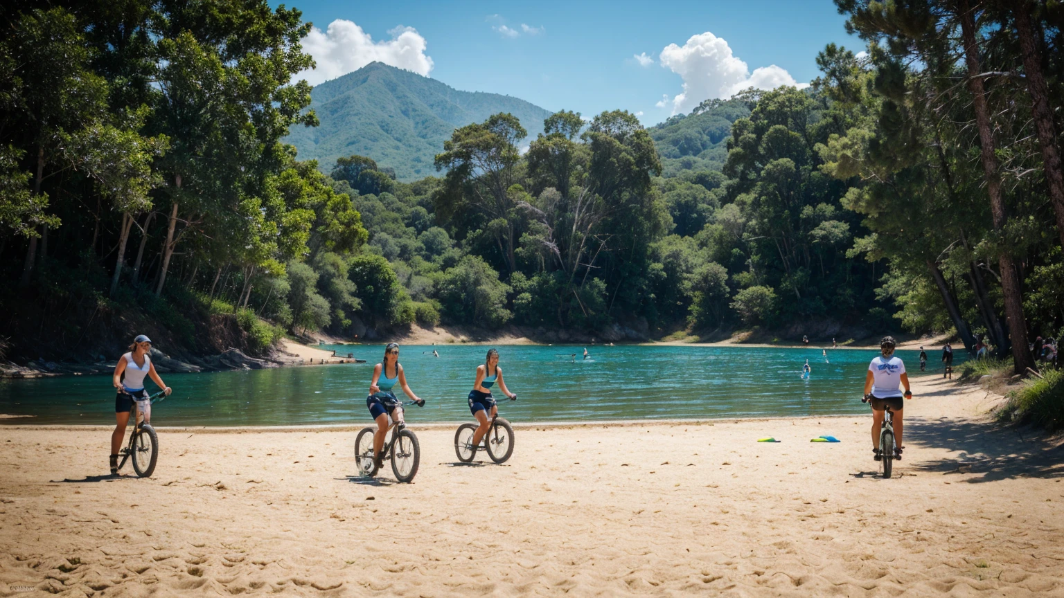 people playing beach volleyball, surfing, biking on a mountain trail, and paddleboarding on a lake. Each scene captures the essence of enjoying outdoor activities in warm, sunny weather. Highlight the cooling effect of water sports and the refreshing feeling of a summer breeze while biking.