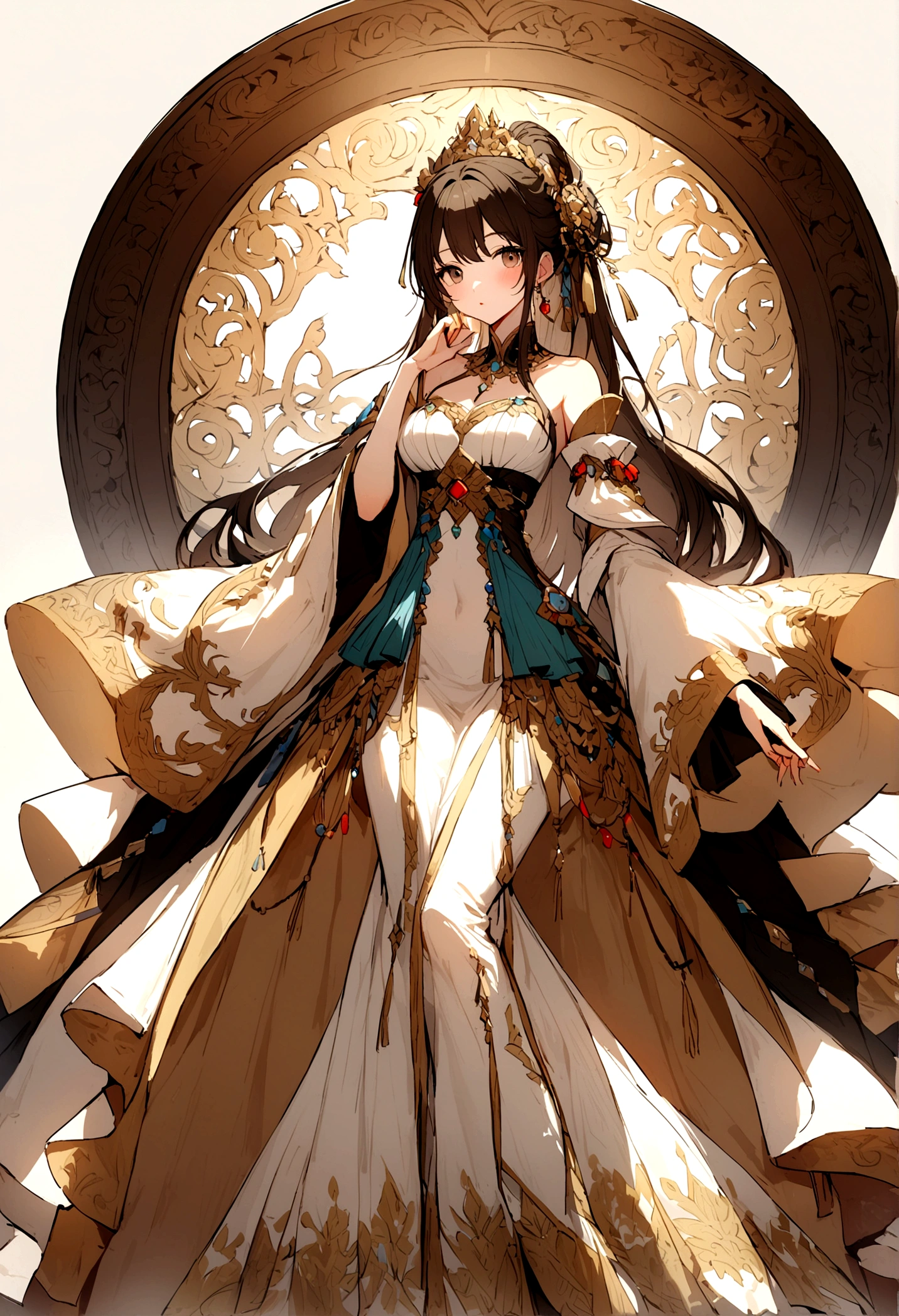 A beautiful woman in a gorgeous slim princess wide-sleeved dress，Chinese and Western elements