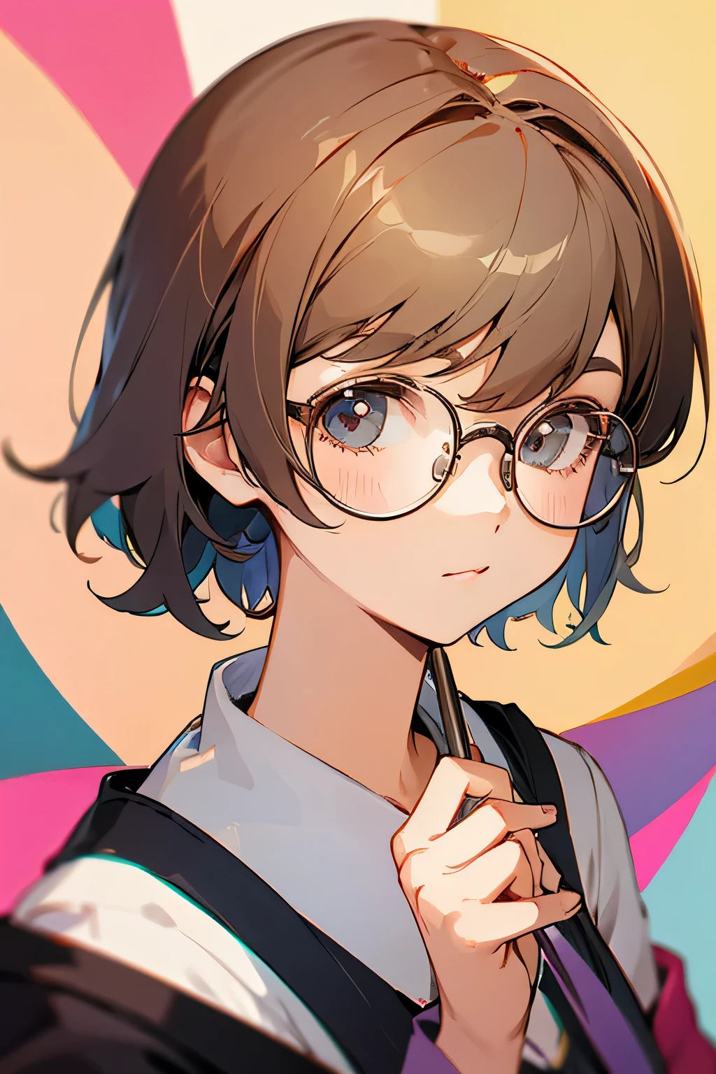Cute girl, , round glasses, short hair