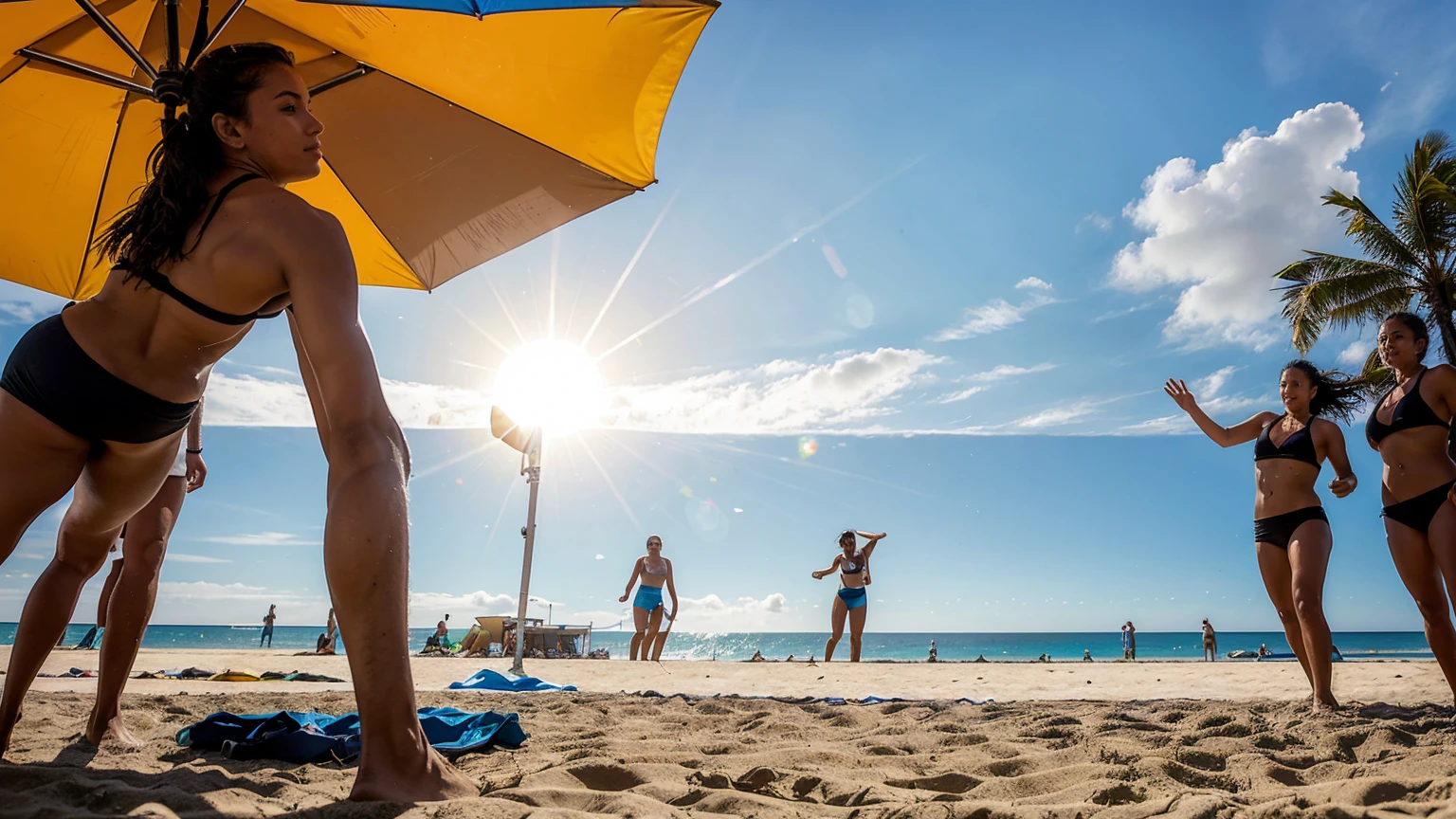 A group of friends playing beach volleyball, diving into the sand for a save with the ocean and waves in the background. The sun is shining brightly, and there are beach umbrellas and sunbathers nearby. The scene captures the energy and social aspect of the sport.