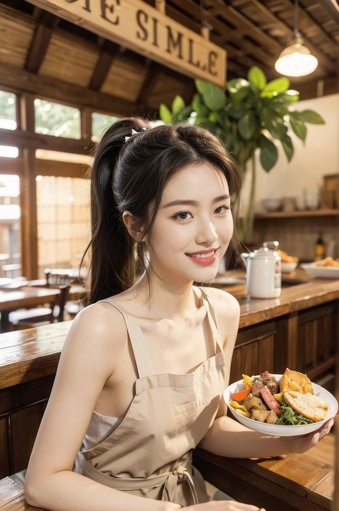 (((best quality))),(((ultra detailed))),(((masterpiece))),illustration,((1 beautiful young girl,solo)),((slim,thin)),((small breasts,flat chest)),(short ponytail:1.2),(laughing:1.2),stunning, radiant complexion, mesmerizing eyes,((sheer apron,bare arms)),frilly, domesticity, playfulness, colorful patches, vegetables, cooking utensils, whimsical,delicate features, gentle smile, perfectly aligned teeth, contentment, warmth, friendliness, vibrant atmosphere, bustling,barbecue restaurant, wooden panels, hanging plants, cozy, earthy feel, scent of sizzling meats, spices, patrons, tables, meals, laughter, lively ambiance, gleaming wooden counter, checkout counter, assortment of bills, receipts, cash register, calm, collected, typing, precision, simplicity, joy, hard work, hospitality, culinary delights,((from front,upper body))