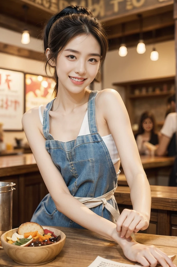 (((best quality))),(((ultra detailed))),(((masterpiece))),illustration,((1 beautiful young girl,solo)),((slim,thin)),((small breasts,flat chest)),(short ponytail:1.2),(laughing:1.2),stunning, radiant complexion, mesmerizing eyes,((sheer apron,bare arms)),frilly, domesticity, playfulness, colorful patches, vegetables, cooking utensils, whimsical,delicate features, gentle smile, perfectly aligned teeth, contentment, warmth, friendliness, vibrant atmosphere, bustling,barbecue restaurant, wooden panels, hanging plants, cozy, earthy feel, scent of sizzling meats, spices, patrons, tables, meals, laughter, lively ambiance, gleaming wooden counter, checkout counter, assortment of bills, receipts, cash register, calm, collected, typing, precision, simplicity, joy, hard work, hospitality, culinary delights,((from front,upper body))
