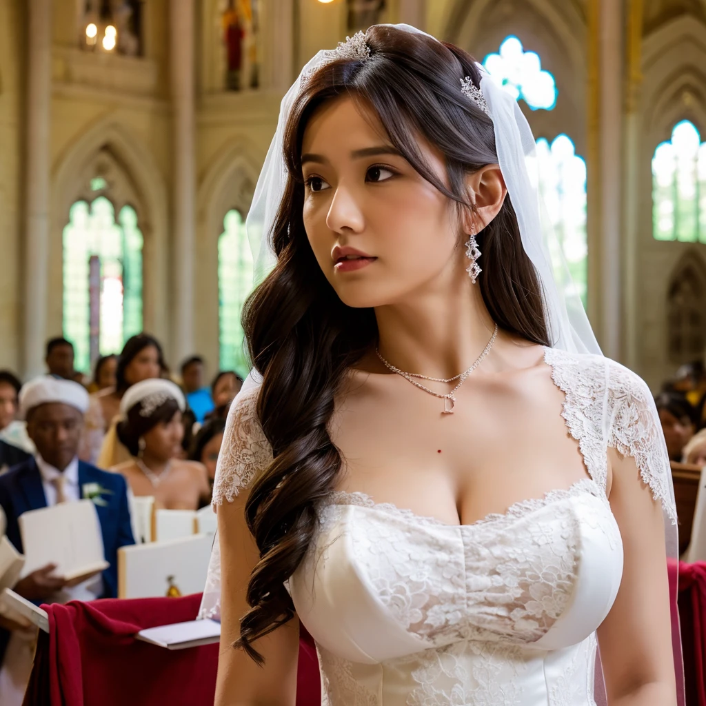 Girl with giant sagging breasts with a lace neckline and a wedding dress at the altar