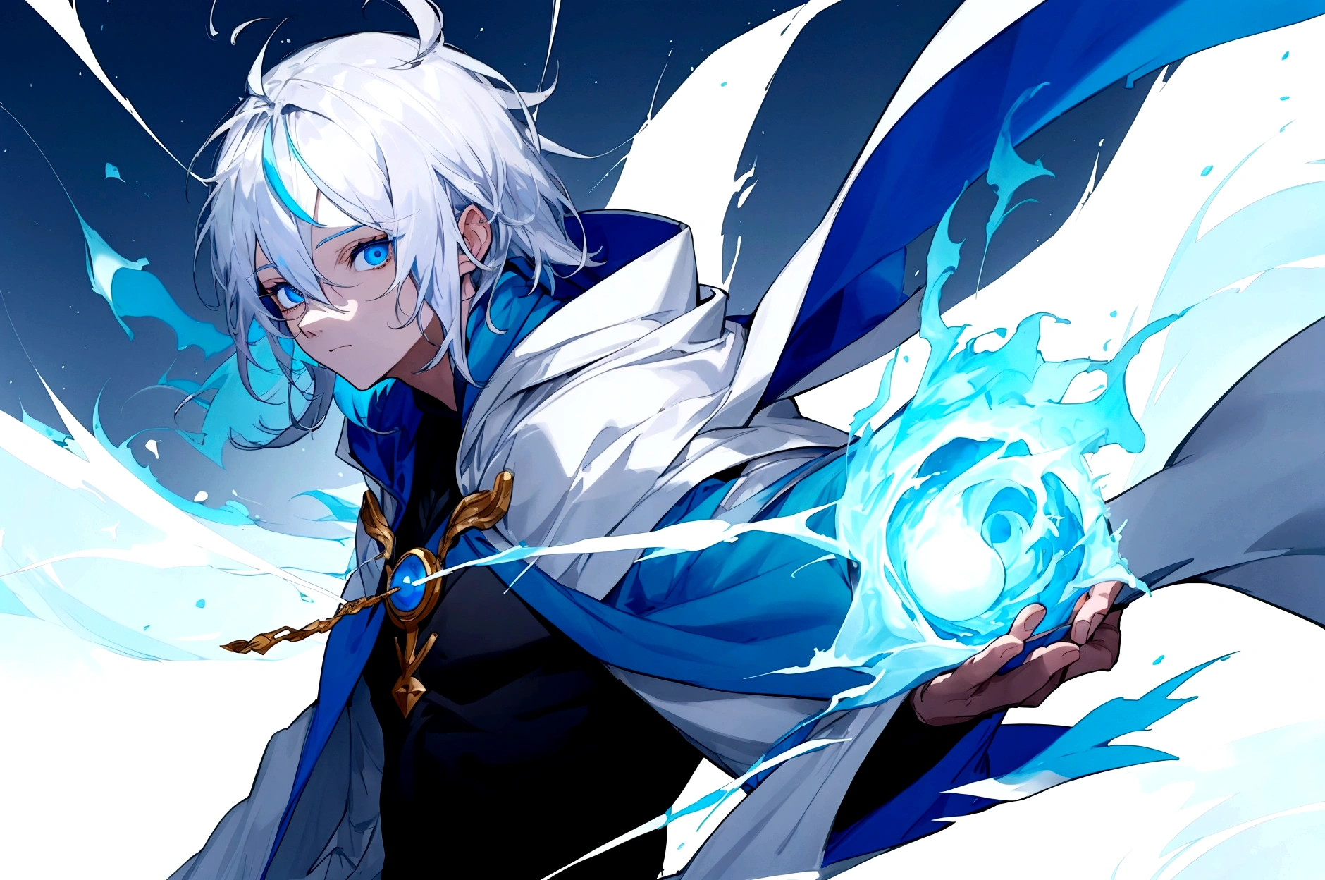 Sorcerer Divine Soul man, he has a silver hair and blue eyes, he wear a hood.