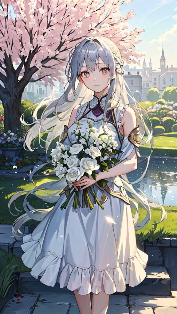(masterpiece、Top quality、Implications、Very high quality、High level of image quality、Extremely sensitive writing)Standing in the beautiful garden,Girl with long silver hair、A faint smile、She has a big bouquet、Cute ethnic style dress with ruffles on shoulders、Hair blowing in the wind, Played as Yuuki,